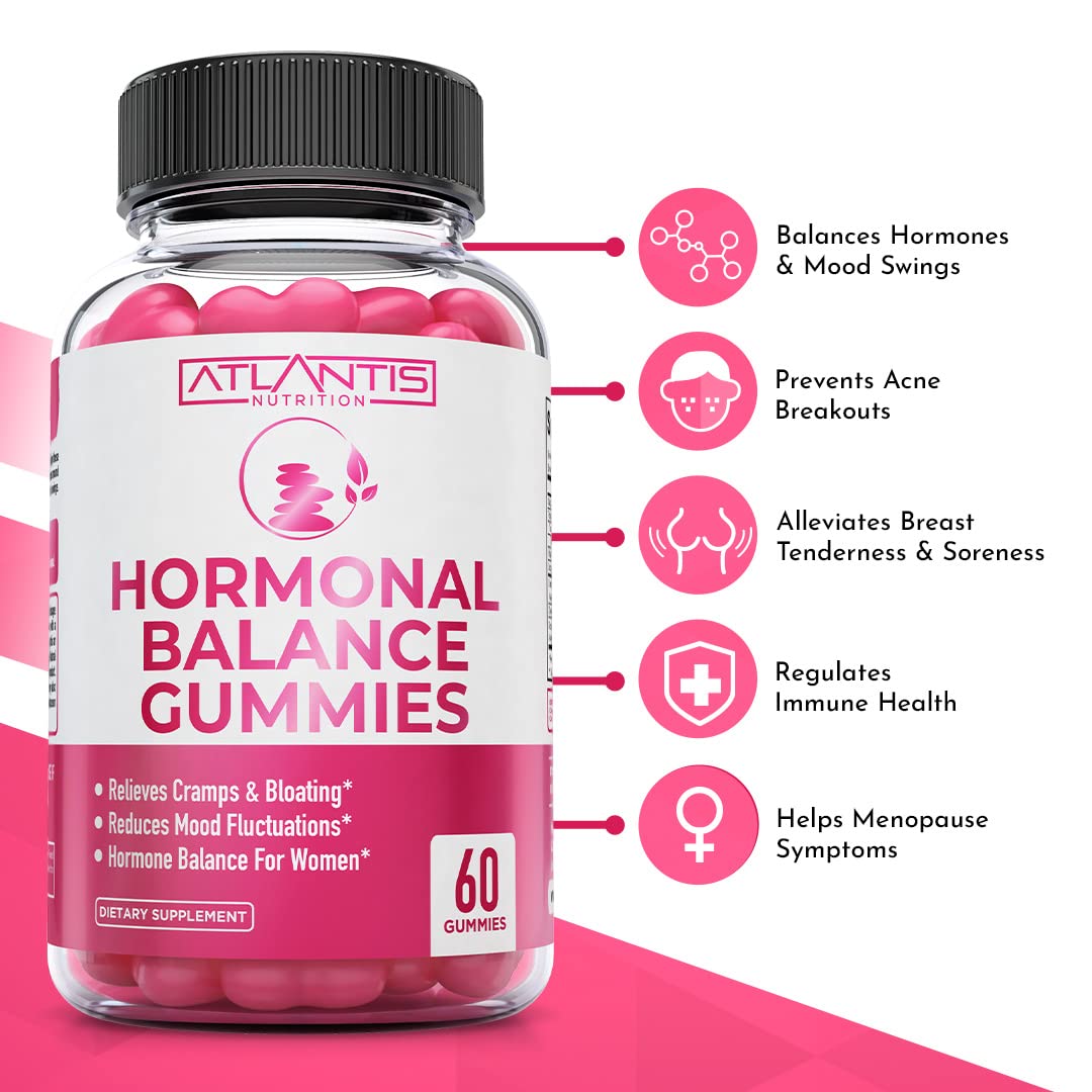 Atlantis Nutrition Hormonal Balance & Magnesium Gummies - Vegan Gummies for Muscle Cramps, PMS Relief, Bloating, Mood Swings - 60 Gummies