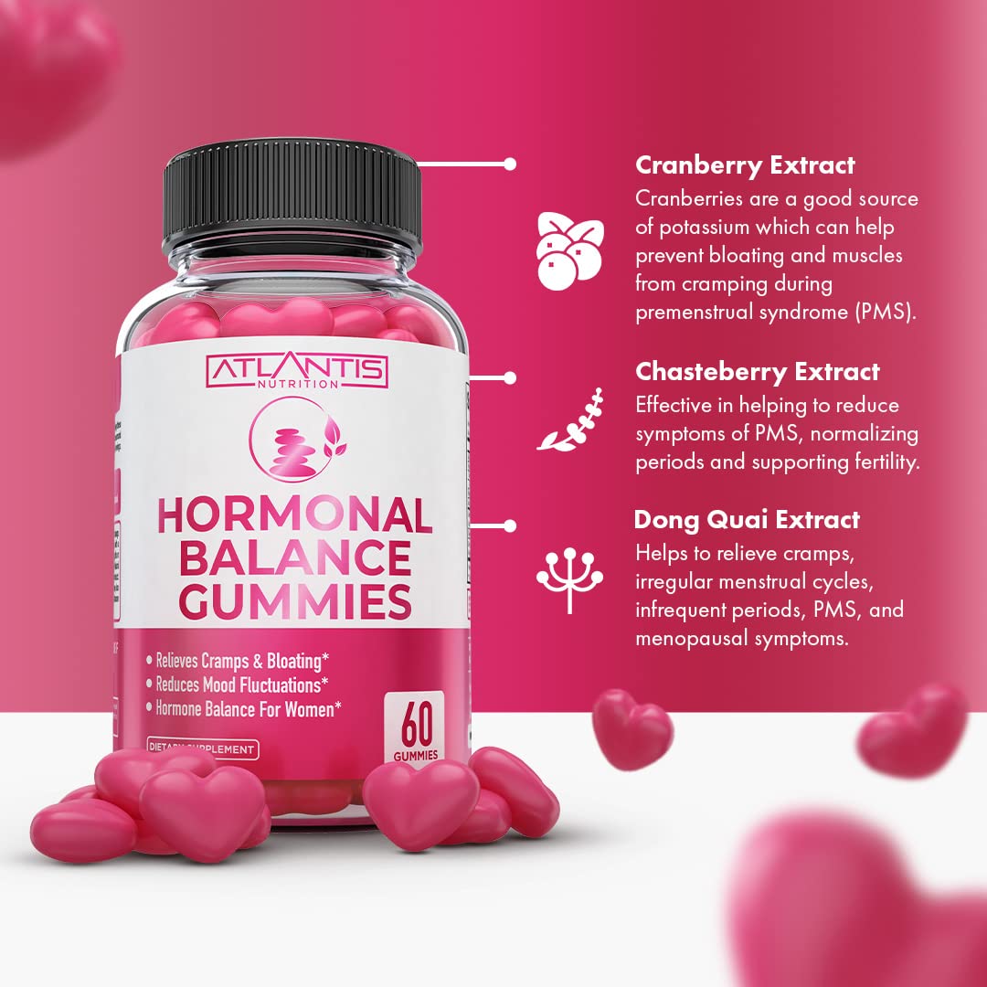 Atlantis Nutrition Hormonal Balance & Magnesium Gummies - Vegan Gummies for Muscle Cramps, PMS Relief, Bloating, Mood Swings - 60 Gummies