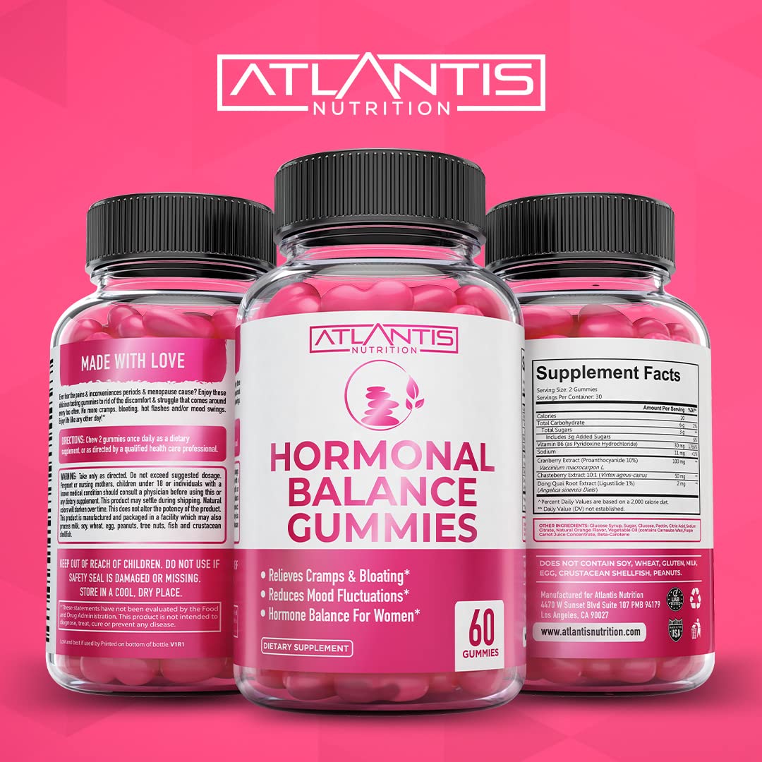 Atlantis Nutrition Hormonal Balance & Magnesium Gummies - Vegan Gummies for Muscle Cramps, PMS Relief, Bloating, Mood Swings - 60 Gummies