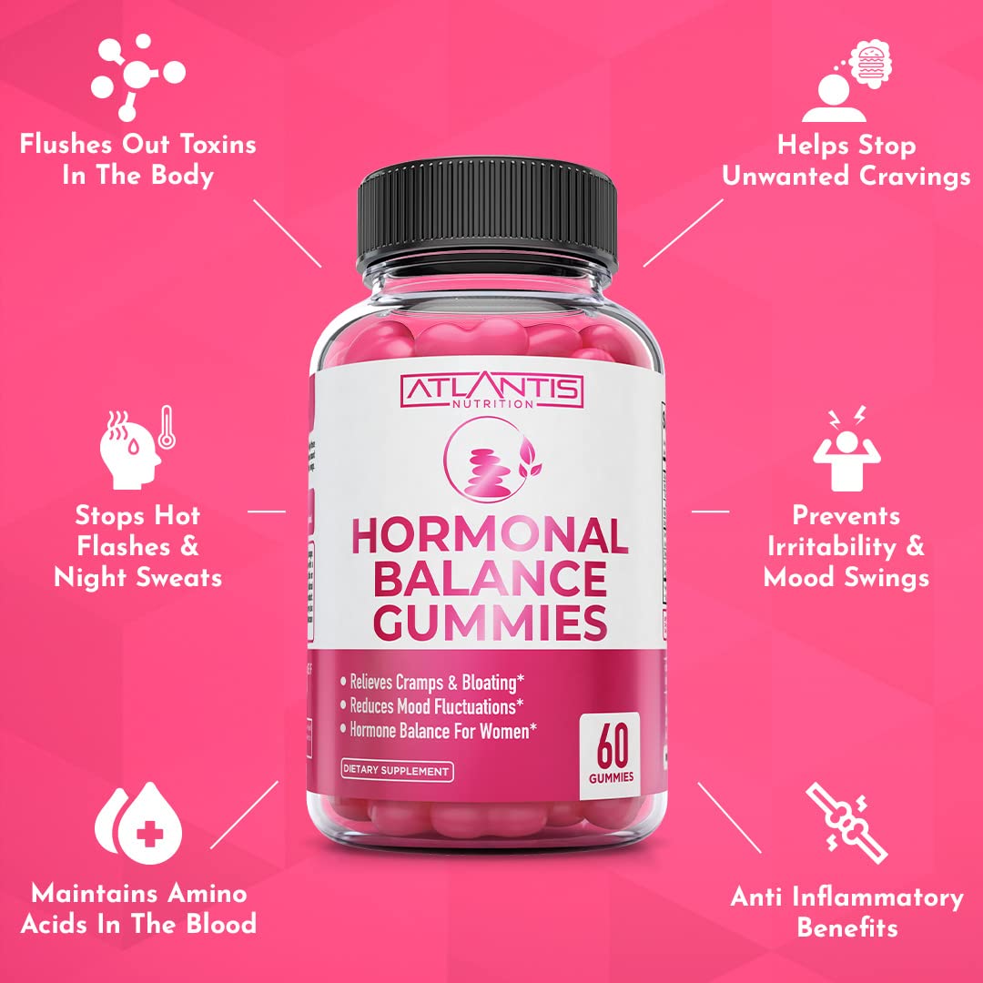 Atlantis Nutrition Hormonal Balance & Magnesium Gummies - Vegan Gummies for Muscle Cramps, PMS Relief, Bloating, Mood Swings - 60 Gummies