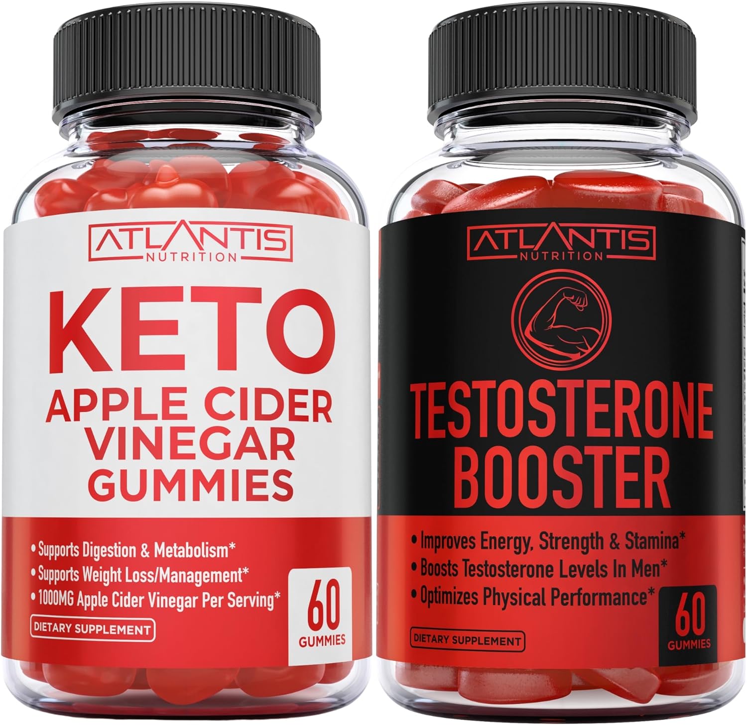 Atlantis Nutrition Keto Apple Cider Vinegar Gummies + Strength & Stamina Enhancer 2-Pack (120 Gummies) for Immune Support and Energy Boost
