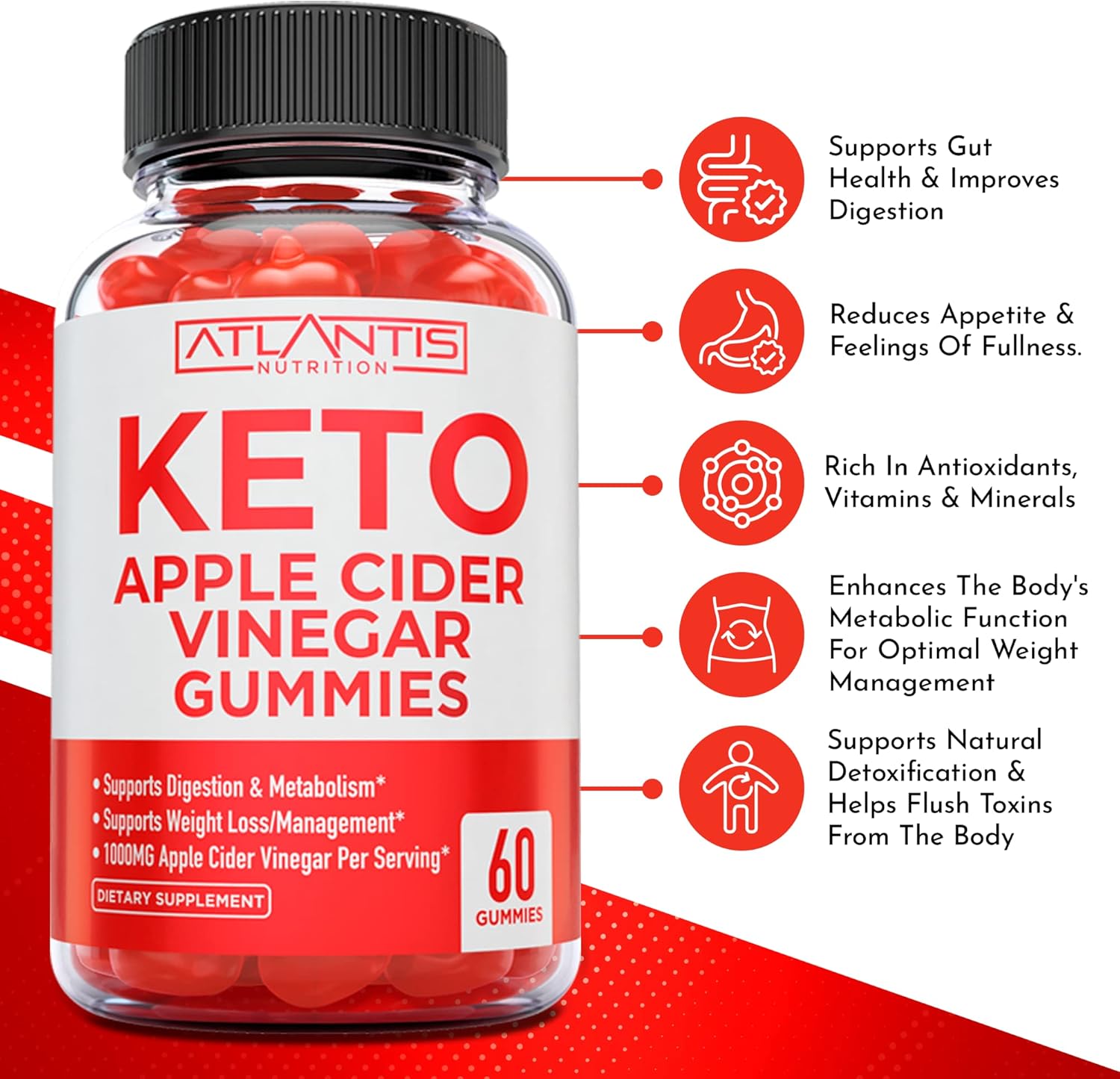 Atlantis Nutrition Keto Apple Cider Vinegar Gummies + Strength & Stamina Enhancer 2-Pack (120 Gummies) for Immune Support and Energy Boost