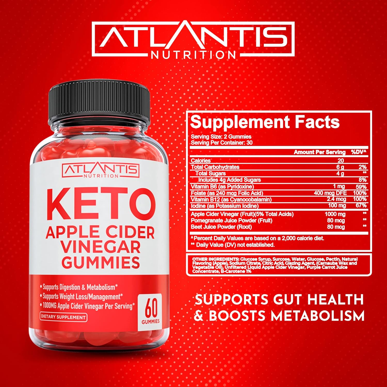 Atlantis Nutrition Keto Apple Cider Vinegar Gummies + Strength & Stamina Enhancer 2-Pack (120 Gummies) for Immune Support and Energy Boost