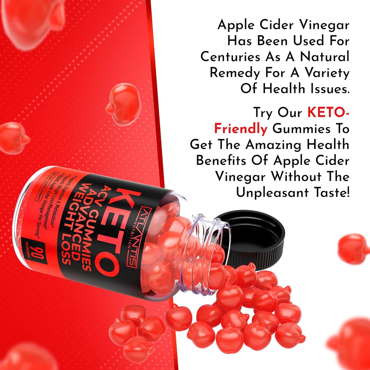 Atlantis Nutrition Keto Apple Cider Vinegar Gummies - Supports Weight Loss, Digestion, Detox - 1000MG ACV - 90 Gummies
