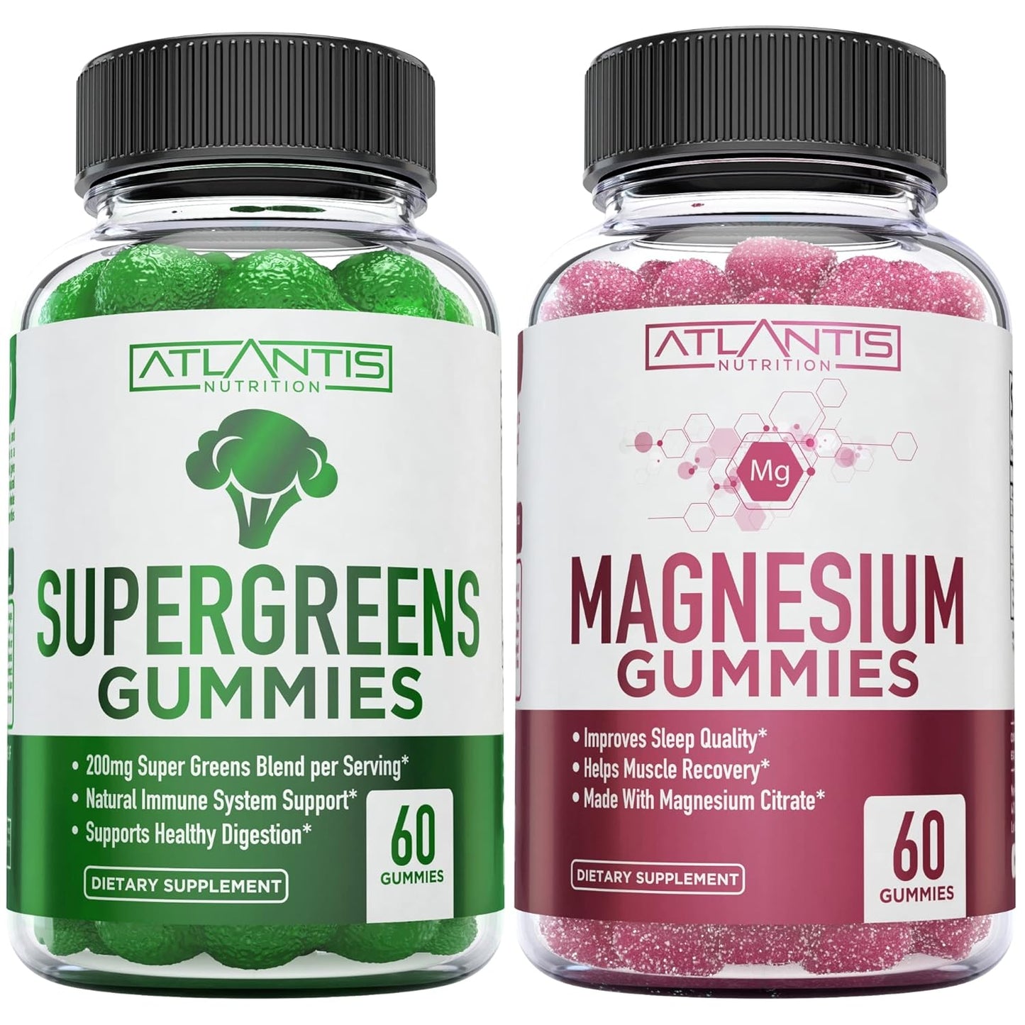 Atlantis Nutrition Supergreen & Magnesium Gummies - Immunity Support with Spinach, Broccoli, Beetroot & Acai - 60 Gummies