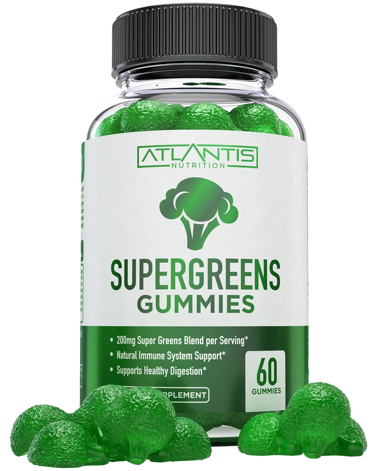 Atlantis Nutrition Supergreen & Magnesium Gummies - Immunity Support with Spinach, Broccoli, Beetroot & Acai - 60 Gummies