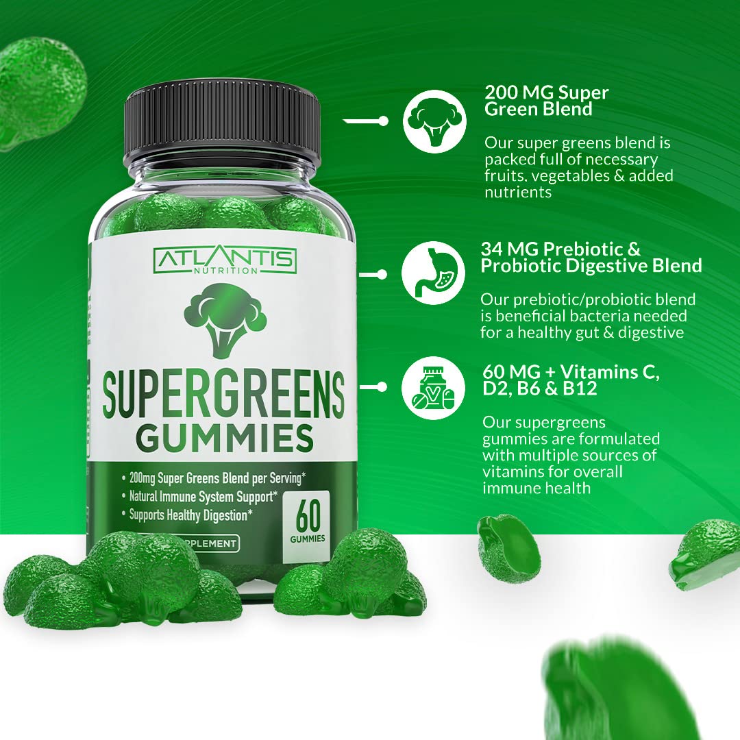 Atlantis Nutrition Supergreen & Magnesium Gummies - Immunity Support with Spinach, Broccoli, Beetroot & Acai - 60 Gummies