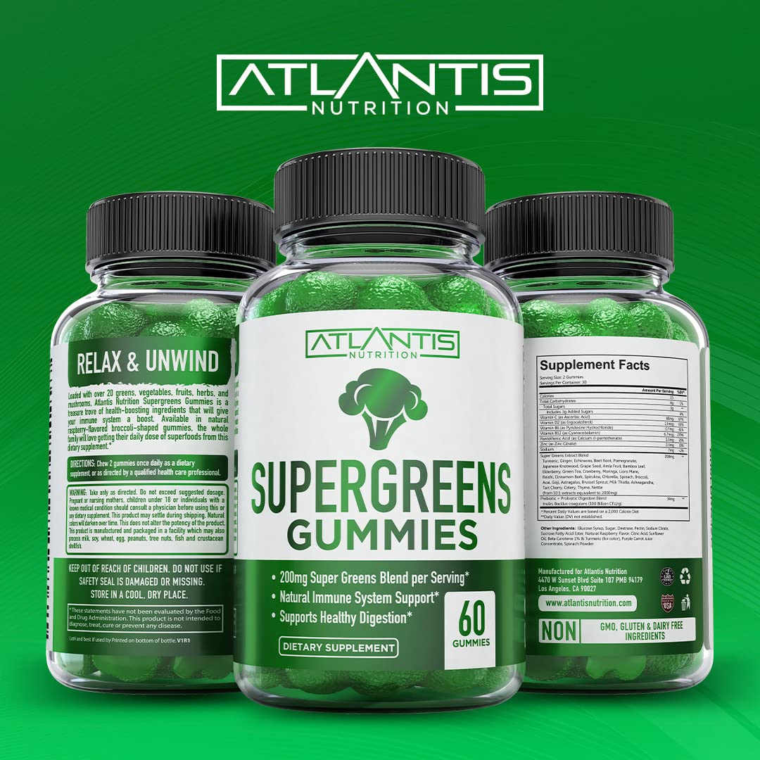 Atlantis Nutrition Supergreen & Magnesium Gummies - Immunity Support with Spinach, Broccoli, Beetroot & Acai - 60 Gummies