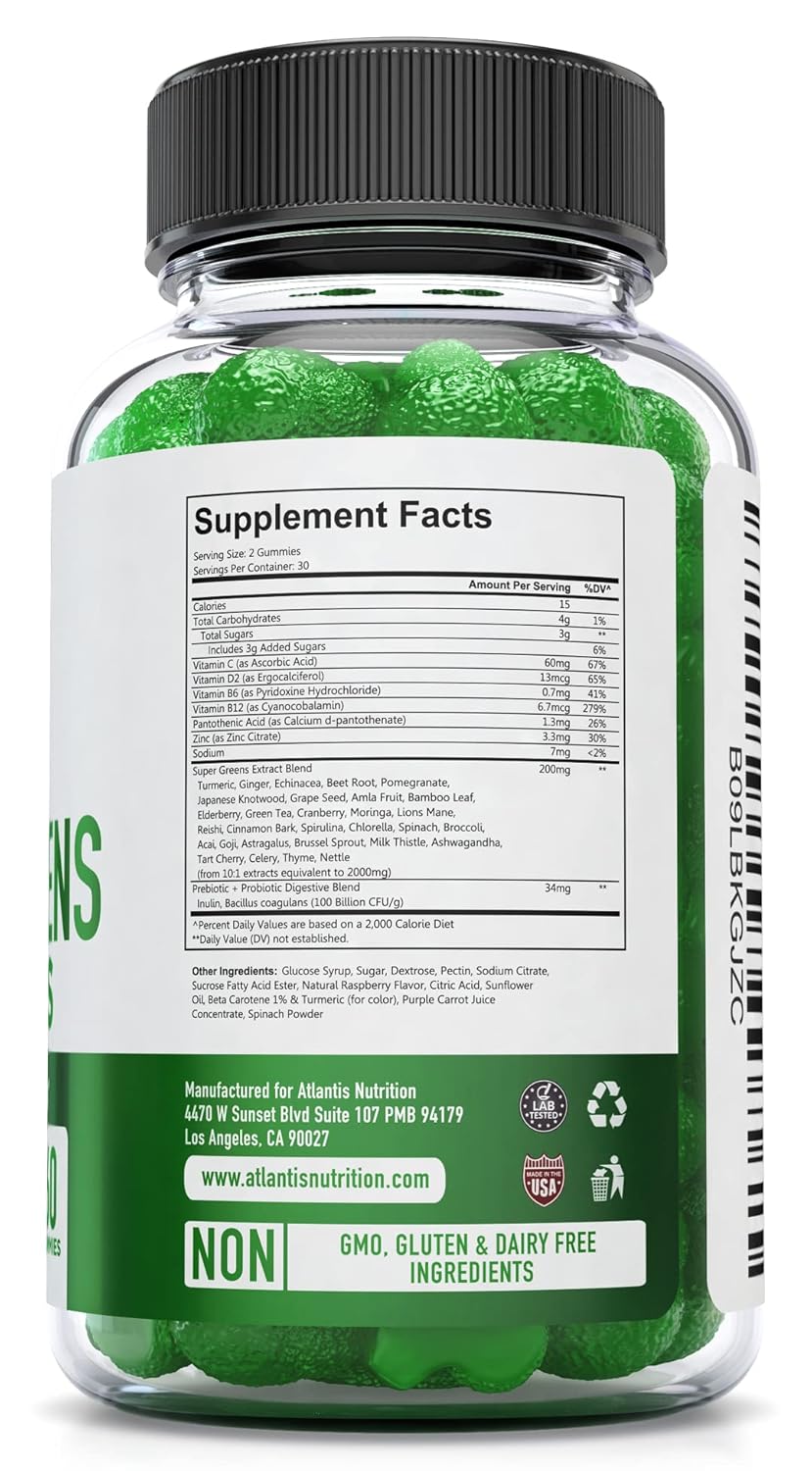Atlantis Nutrition Supergreen & Magnesium Gummies - Immunity Support with Spinach, Broccoli, Beetroot & Acai - 60 Gummies