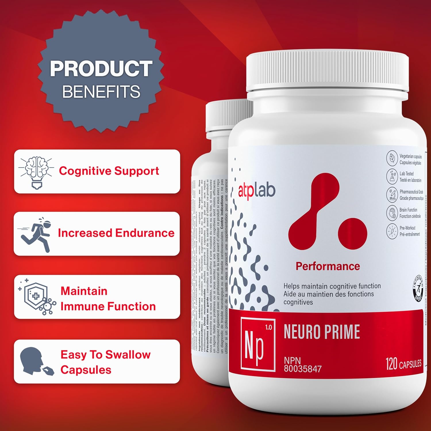 ATP LAB Neuro Prime Capsules - Brain & Memory Support - Cognitive & Focus Supplement for Mental Health & Fatigue - 120 Count