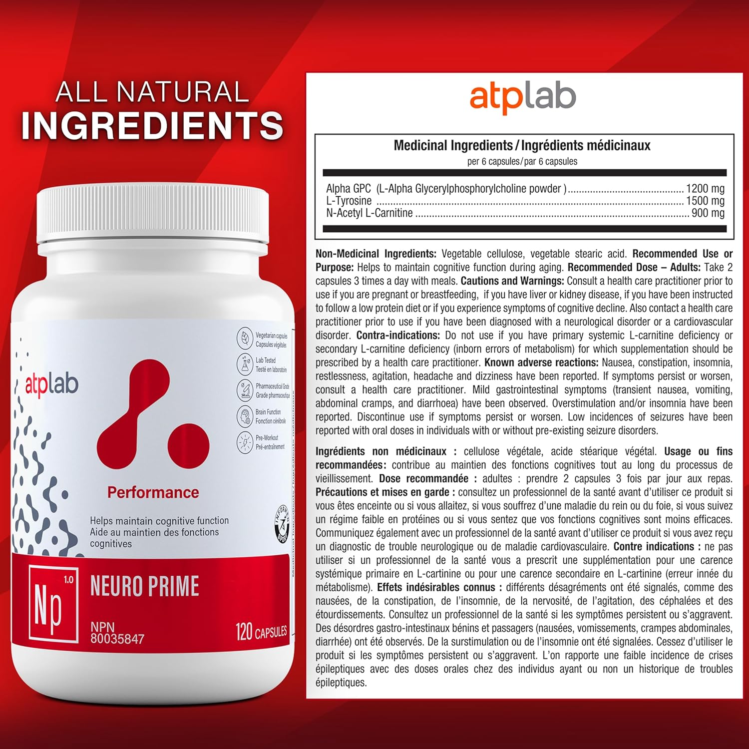 ATP LAB Neuro Prime Capsules - Brain & Memory Support - Cognitive & Focus Supplement for Mental Health & Fatigue - 120 Count