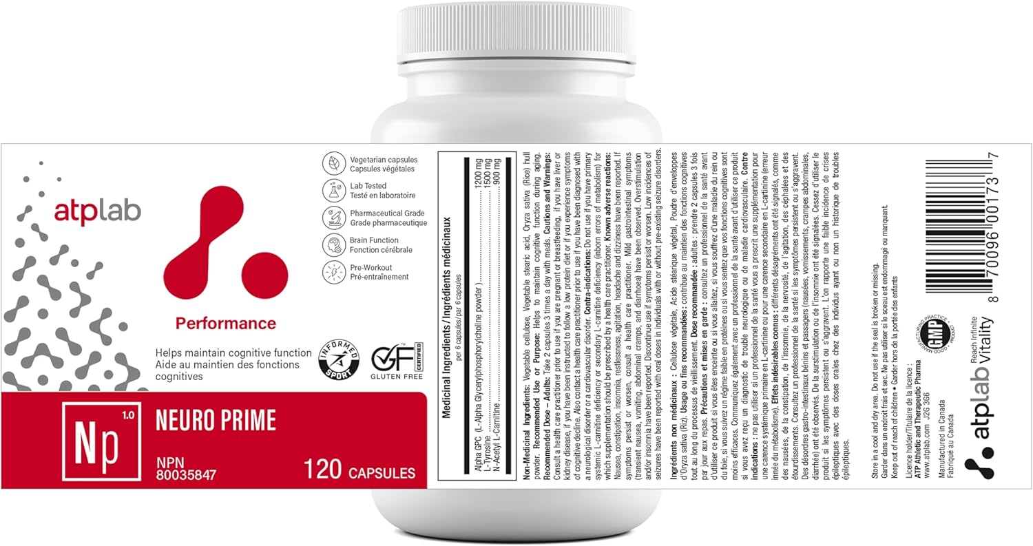 ATP LAB Neuro Prime Capsules - Brain & Memory Support - Cognitive & Focus Supplement for Mental Health & Fatigue - 120 Count