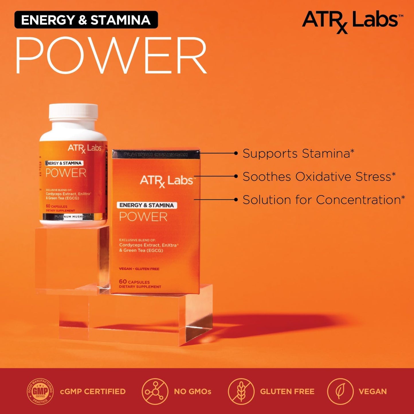 ATRx Labs Power: Mushroom Supplement for Energy & Stamina, with Cordyceps, Green Tea, Alpinia Galanga Extract - Boost Focus & Energy, Vegan, Gluten-Free - 60 Capsules