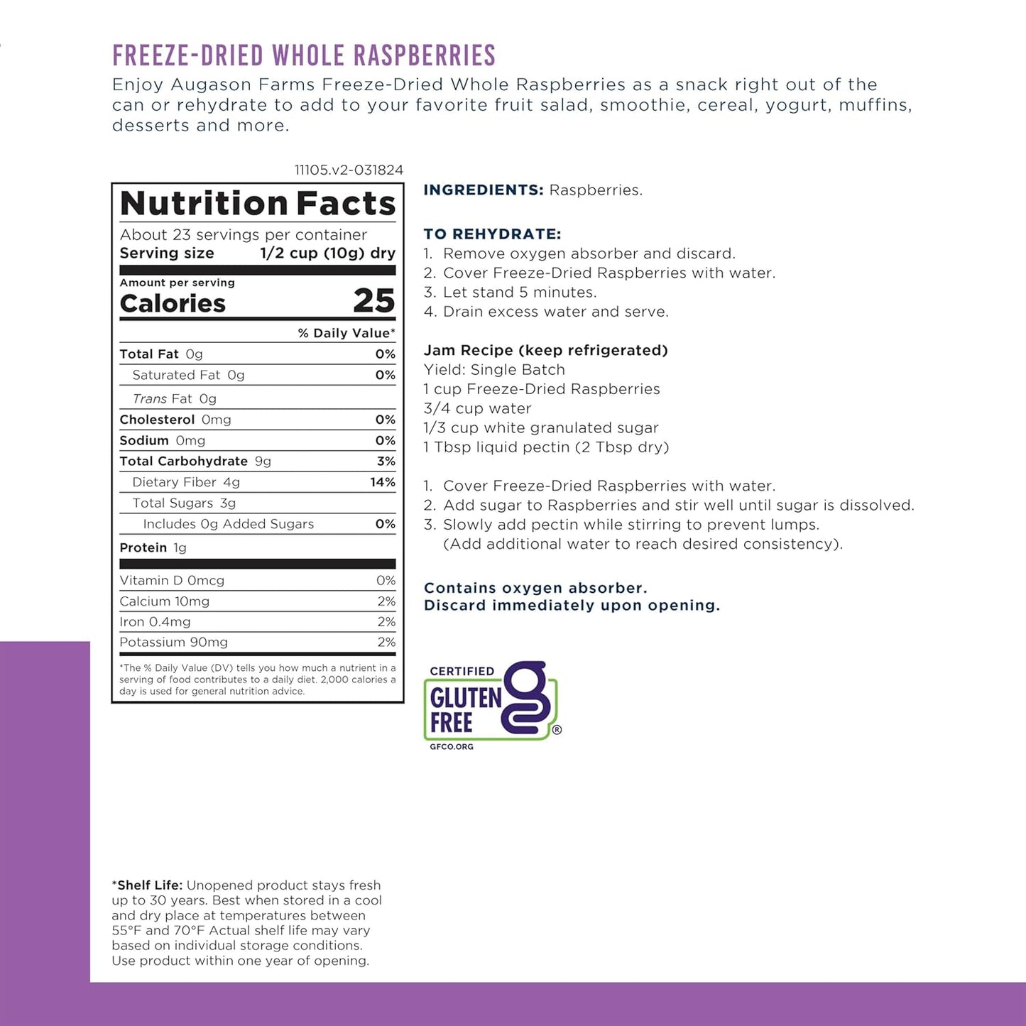 Augason Farms Freeze Dried Whole Raspberries Can - Emergency Food Supply, 23 Servings