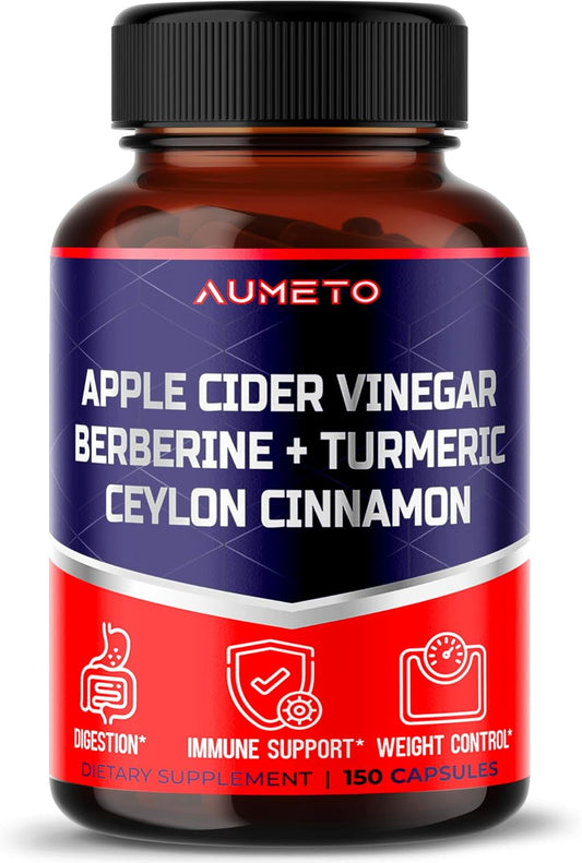 AUMETO Apple Cider Vinegar Berberine Ceylon Cinnamon Turmeric Supplement for Digestion, Immunity, Weight Management - USA Made (150 Count)