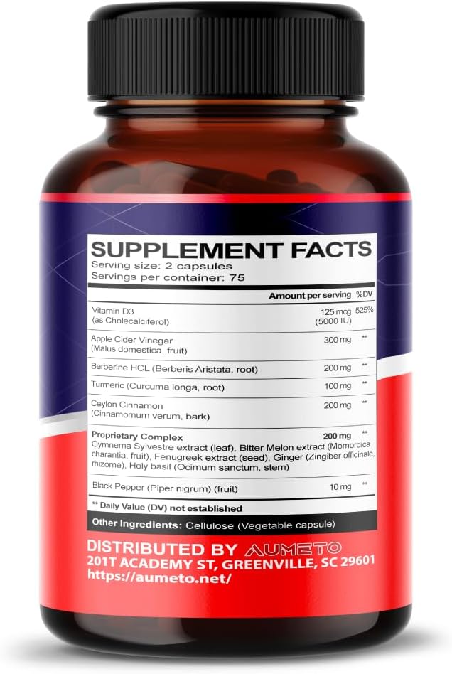 AUMETO Apple Cider Vinegar Berberine Ceylon Cinnamon Turmeric Supplement for Digestion, Immunity, Weight Management - USA Made (150 Count)