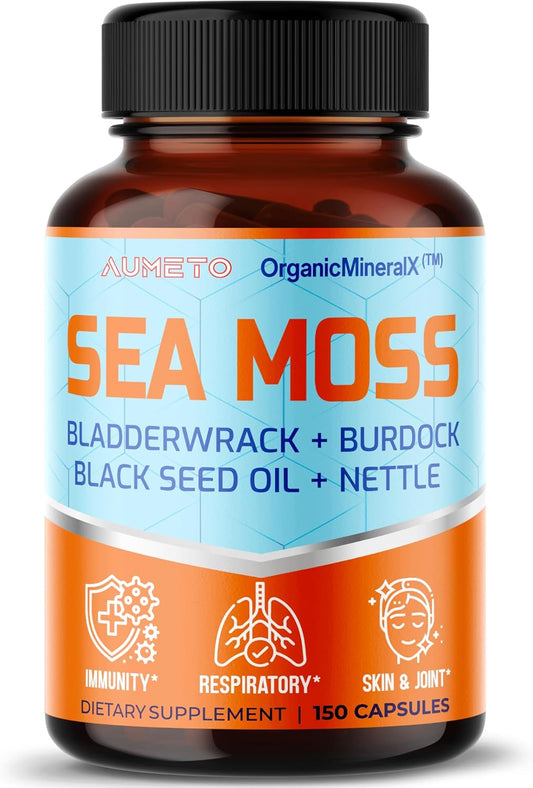 AUMETO Premium Sea Moss Supplement with Black Seed Oil, Ashwagandha, Bladderwrack, Nettle - Immunity Boosting, Mineral-Rich Formula - 150 Count - Made in USA