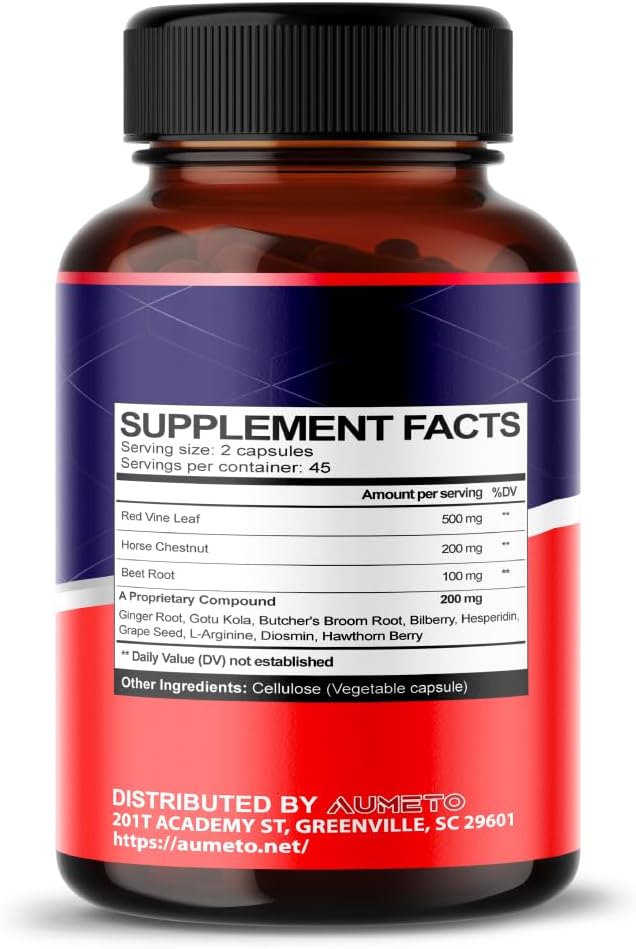 AUMETO Red Vine Leaf Supplement with Horse Chestnut, Beetroot, Ginger - Vein Strength and Circulation Support - 90 Count - Made in USA - BoostGo Australia