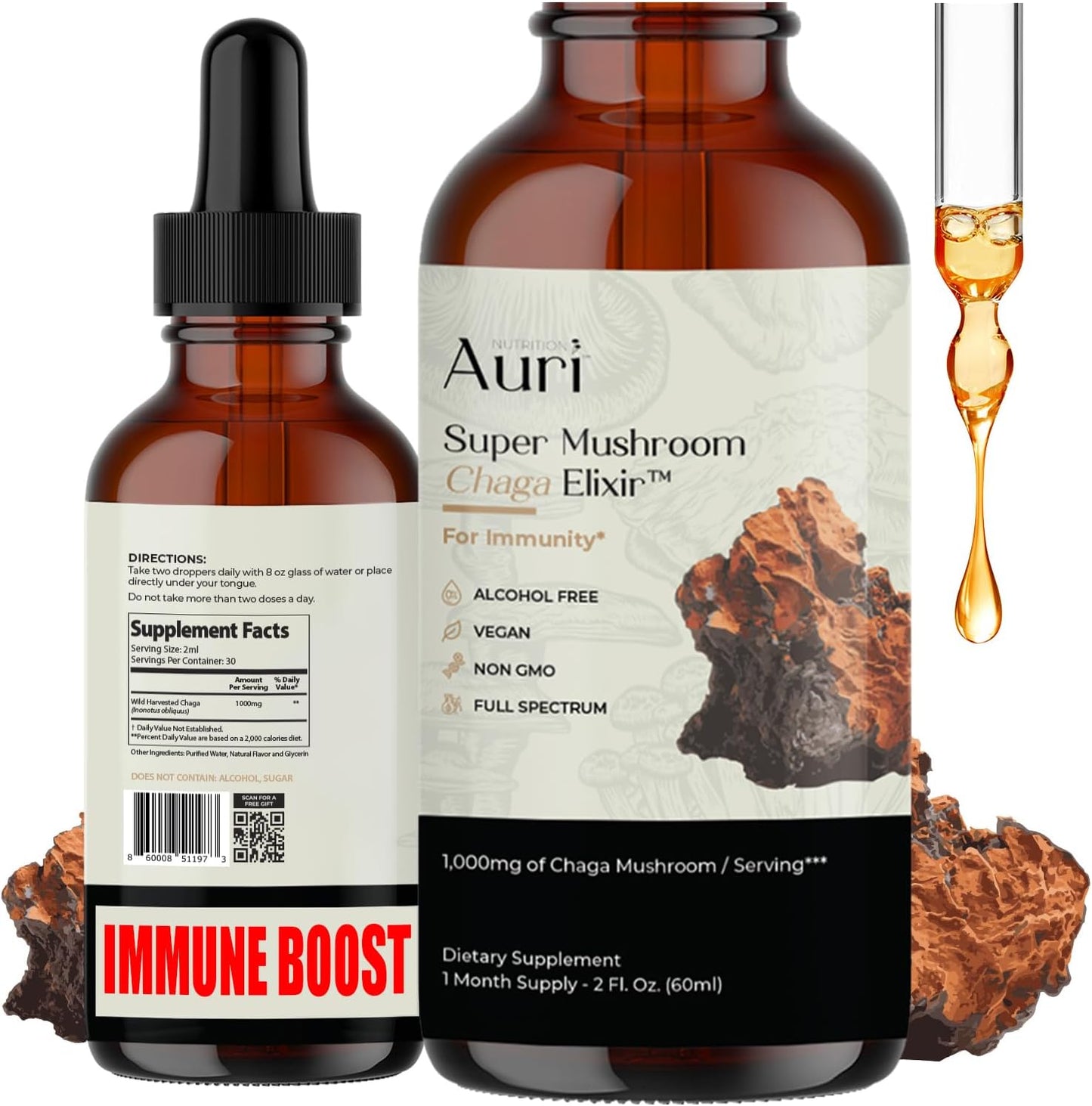 Auri Super Chaga Elixir - Mushroom Superfood Liquid Supplement for Immune Support and Energy Boost - 60ml Bottle