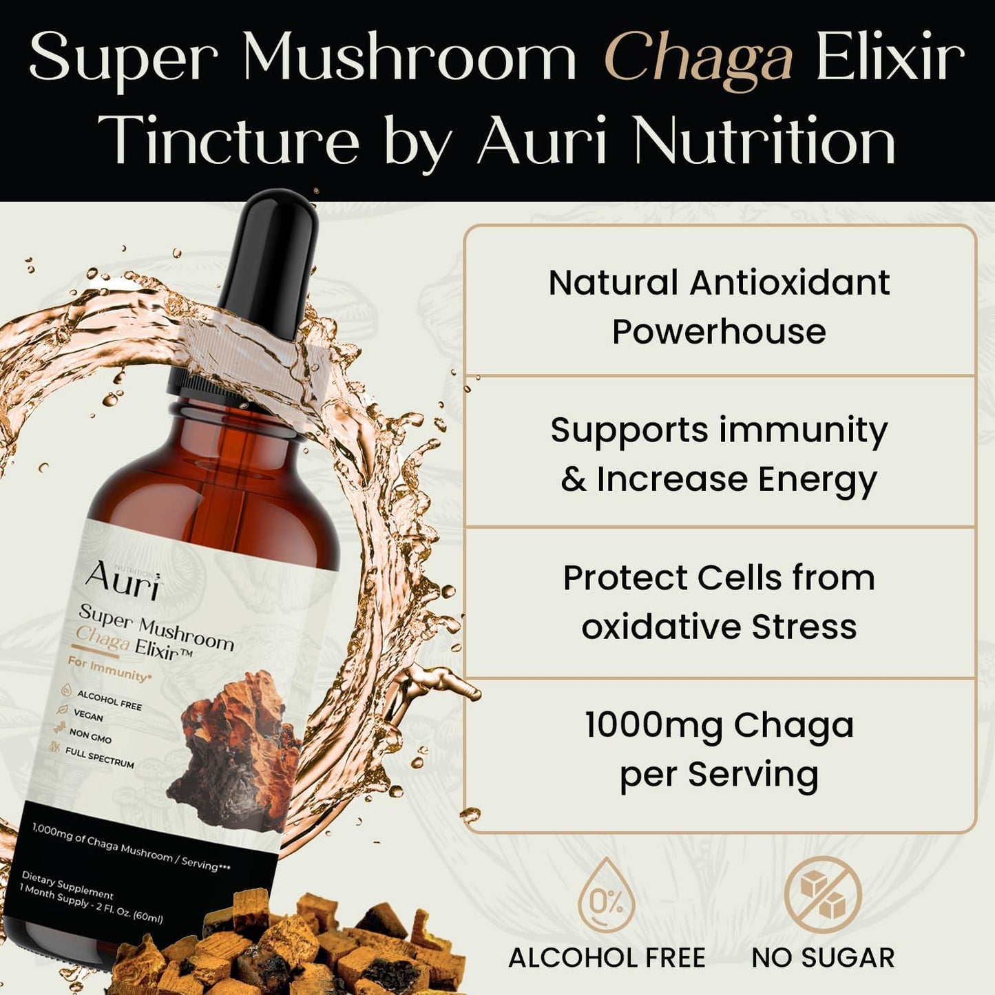 Auri Super Chaga Elixir - Mushroom Superfood Liquid Supplement for Immune Support and Energy Boost - 60ml Bottle