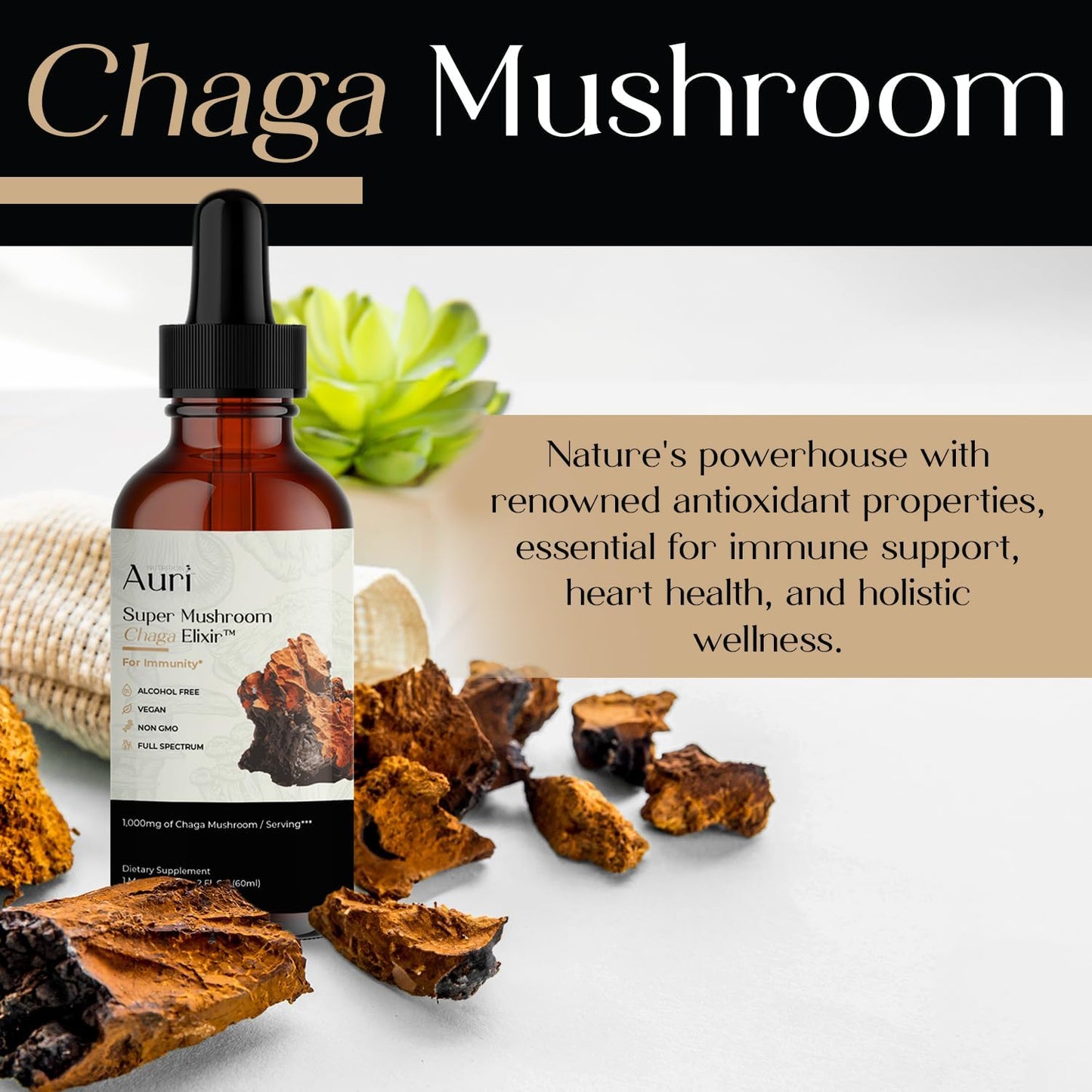 Auri Super Chaga Elixir - Mushroom Superfood Liquid Supplement for Immune Support and Energy Boost - 60ml Bottle