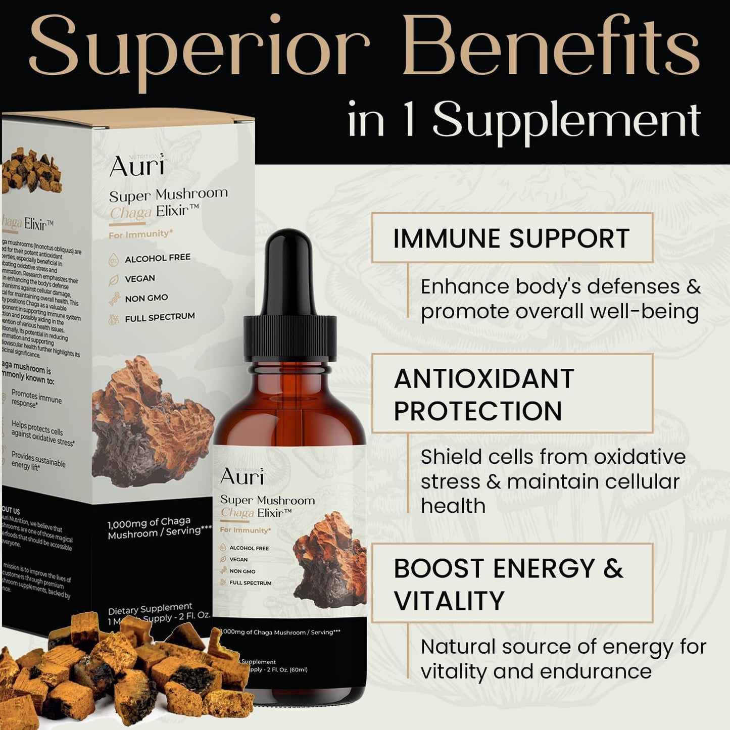 Auri Super Chaga Elixir - Mushroom Superfood Liquid Supplement for Immune Support and Energy Boost - 60ml Bottle