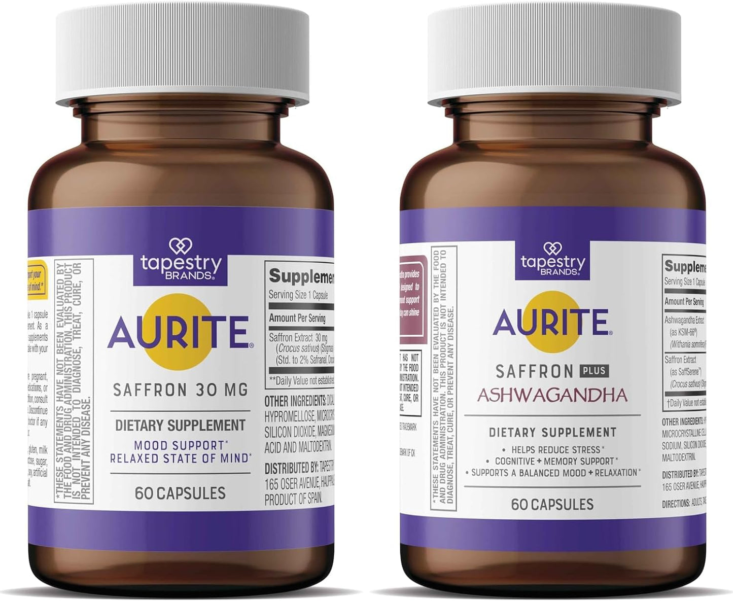 Aurite Stress Management Bundle: Ashwagandha & Saffron Supplements for Mood Support & Memory. Vegetarian, Non-GMO, Gluten & Soy-Free.