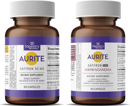 Aurite Stress Management Bundle: Ashwagandha & Saffron Supplements for Mood Support & Memory. Vegetarian, Non-GMO, Gluten & Soy-Free.