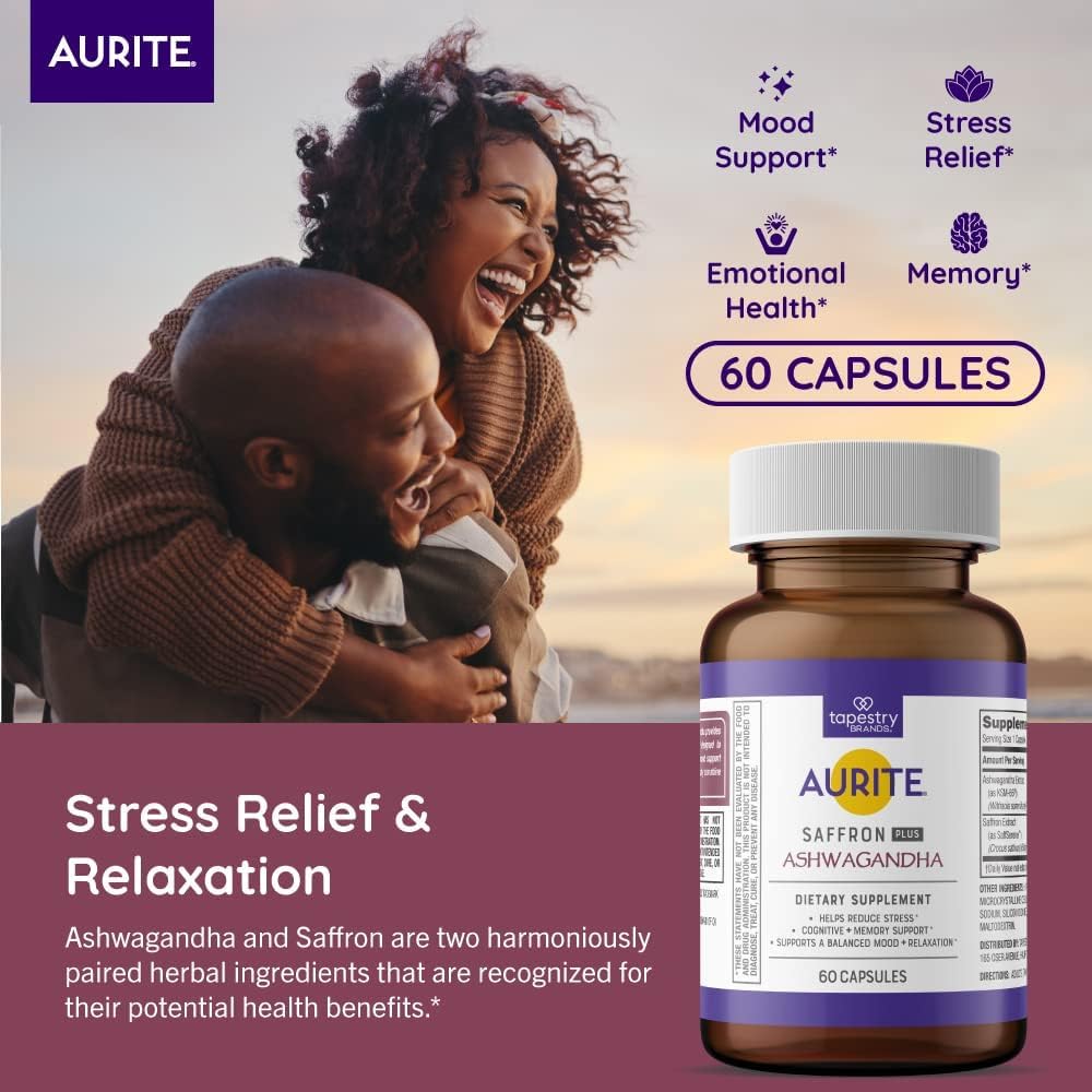 Aurite Stress Management Bundle: Ashwagandha & Saffron Supplements for Mood Support & Memory. Vegetarian, Non-GMO, Gluten & Soy-Free.