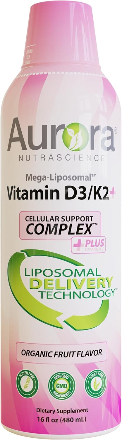 Aurora Nutrascience Mega-Liposomal Vitamin D3/K2+ with Vitamin C - Organic Fruit Flavor - Gluten Free & Non GMO - 16 fl oz - BoostGo Australia