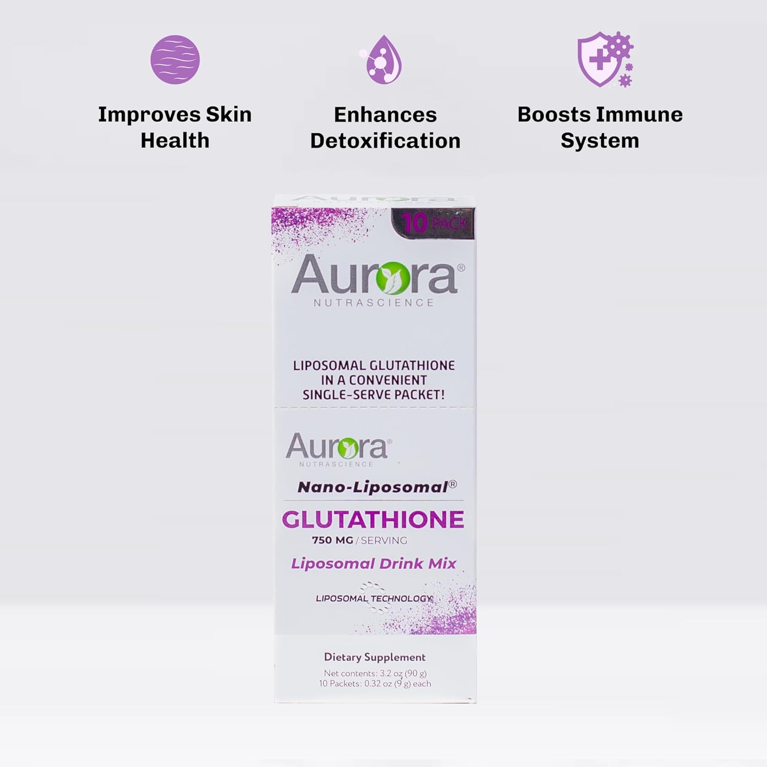 Aurora Nutrascience Nano-Liposomal Glutathione Powder Supplement - Energy, Gut Health & Immune Support - 750mg Per Serving - 10 Single Serve Packets