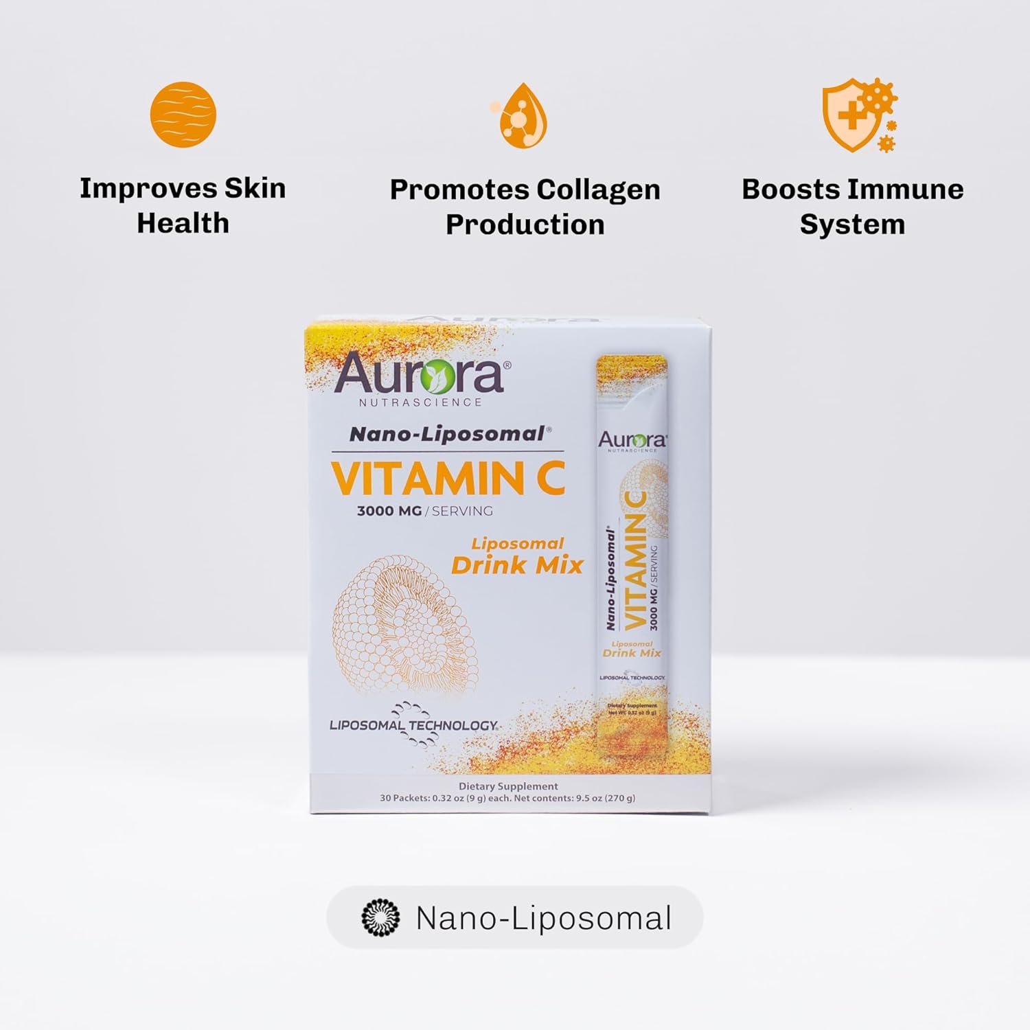 Aurora Nutrascience Nano-Liposomal Vitamin C Drink Mix - 3,000mg Immune Support - 30 Packets