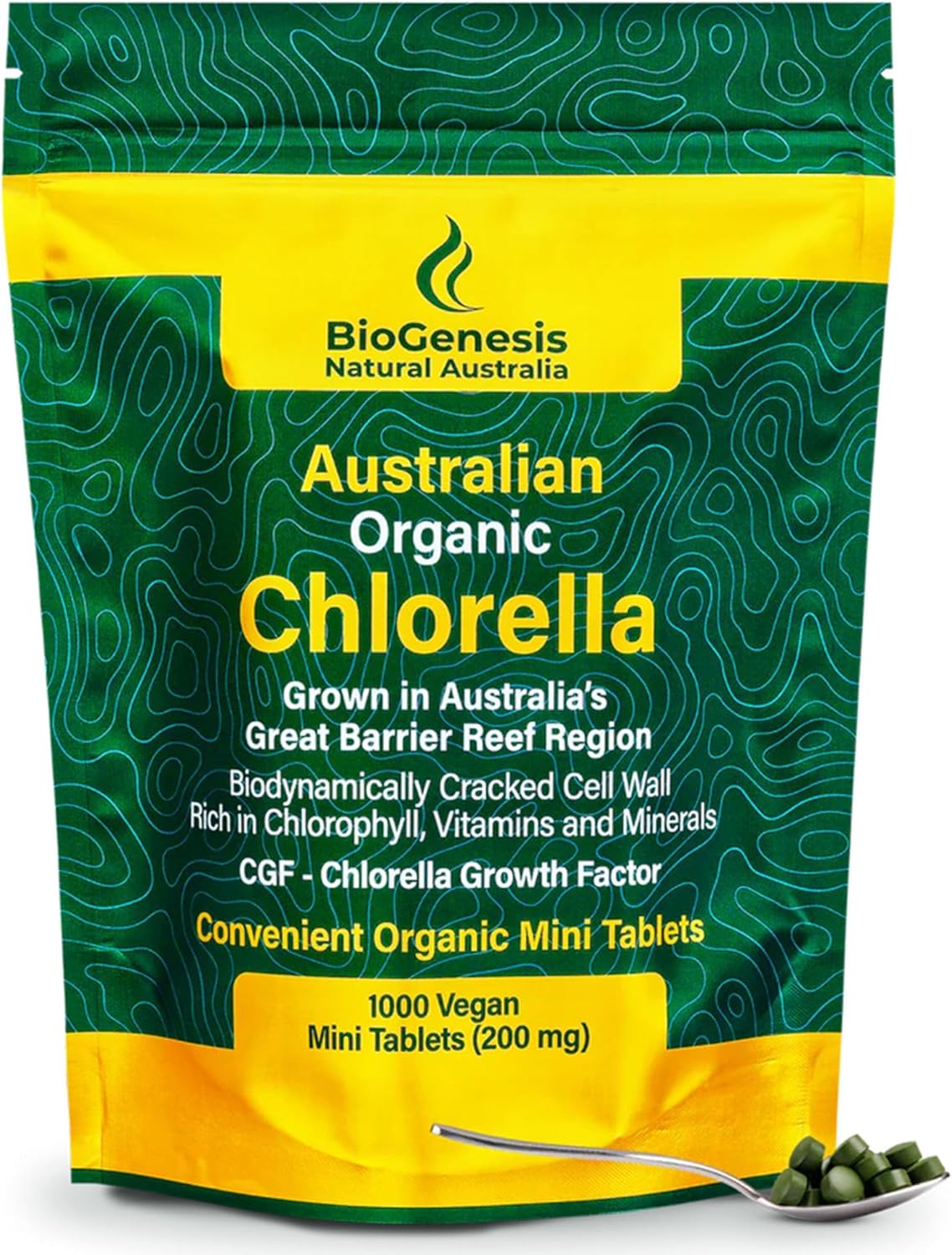 Australian Biogenesis Organic Chlorella Tablets with Advanced BioDynamic Cracked Cell Wall - Rich in Chlorophyll, Vitamins, Minerals, and CGF - Vegan Tablets (1000 Count)