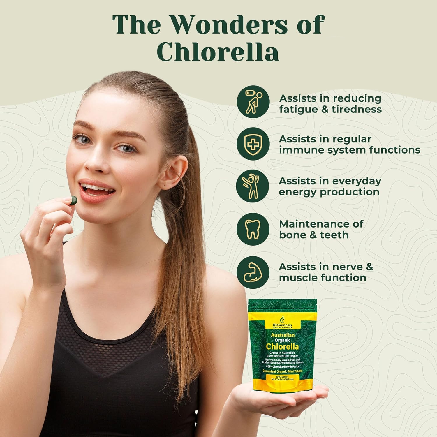 Australian Biogenesis Organic Chlorella Tablets with Advanced BioDynamic Cracked Cell Wall - Rich in Chlorophyll, Vitamins, Minerals, and CGF - Vegan Tablets (1000 Count)