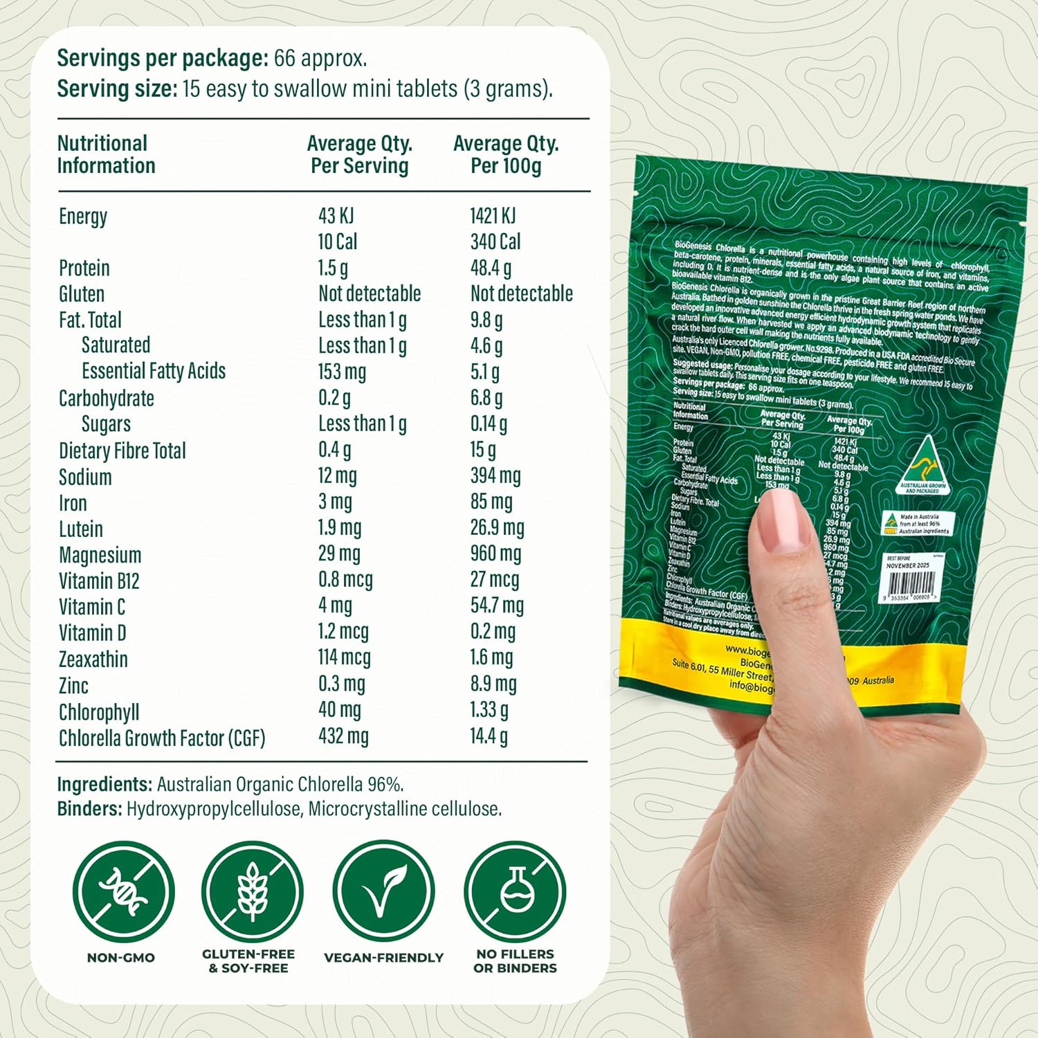 Australian Biogenesis Organic Chlorella Tablets with Advanced BioDynamic Cracked Cell Wall - Rich in Chlorophyll, Vitamins, Minerals, and CGF - Vegan Tablets (1000 Count)