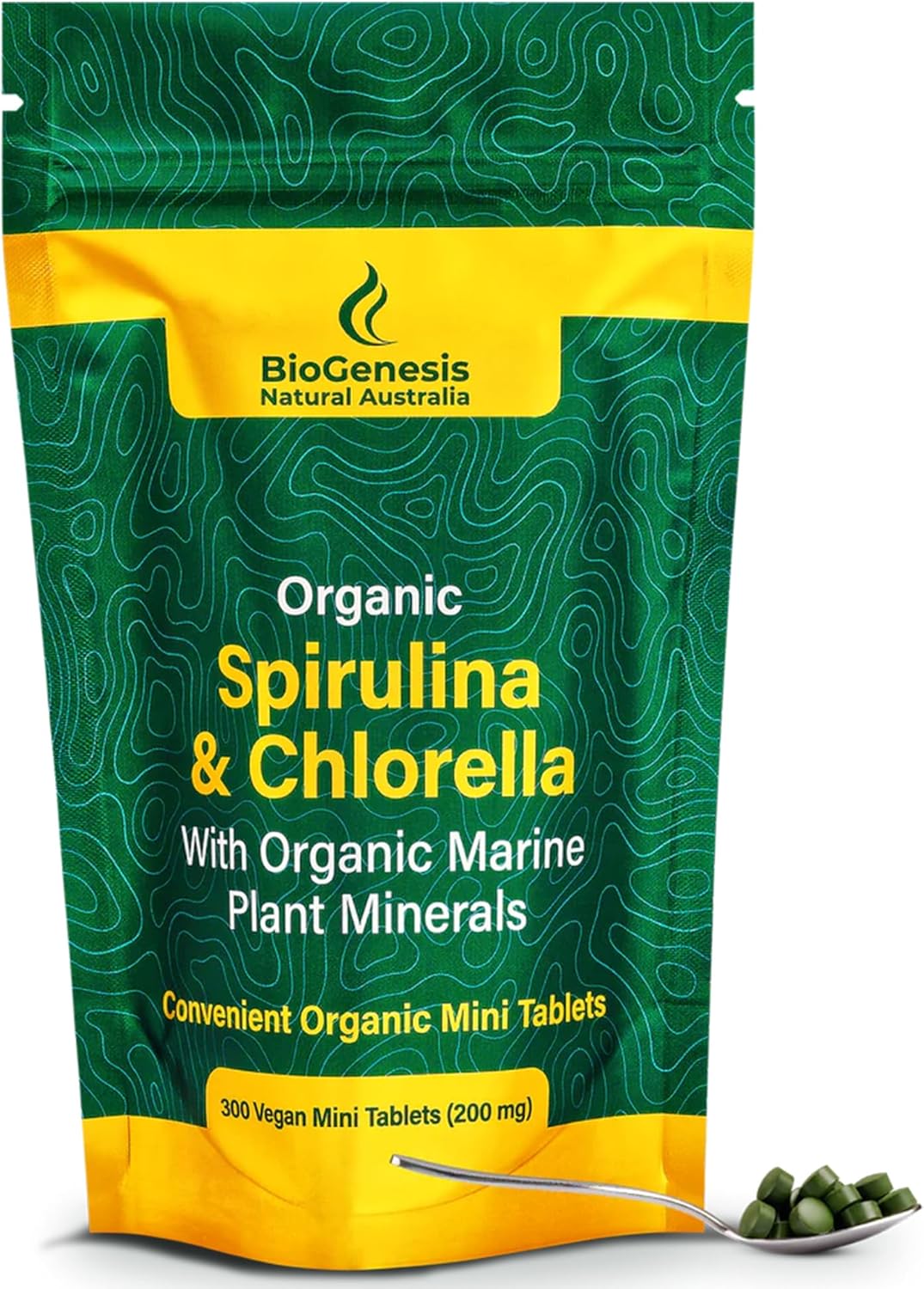 Australian Biogenesis Organic Spirulina & Chlorella Tablets with Marine Plant Minerals - BioDynamic, Chlorophyll-Rich, Vegan (300 Tablets)