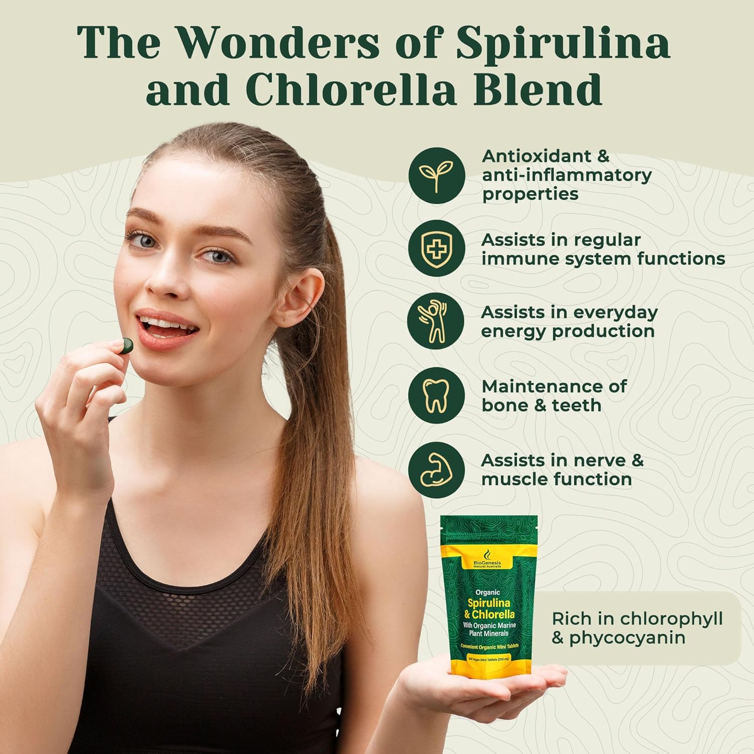 Australian Biogenesis Organic Spirulina & Chlorella Tablets with Marine Plant Minerals - BioDynamic, Chlorophyll-Rich, Vegan (300 Tablets)