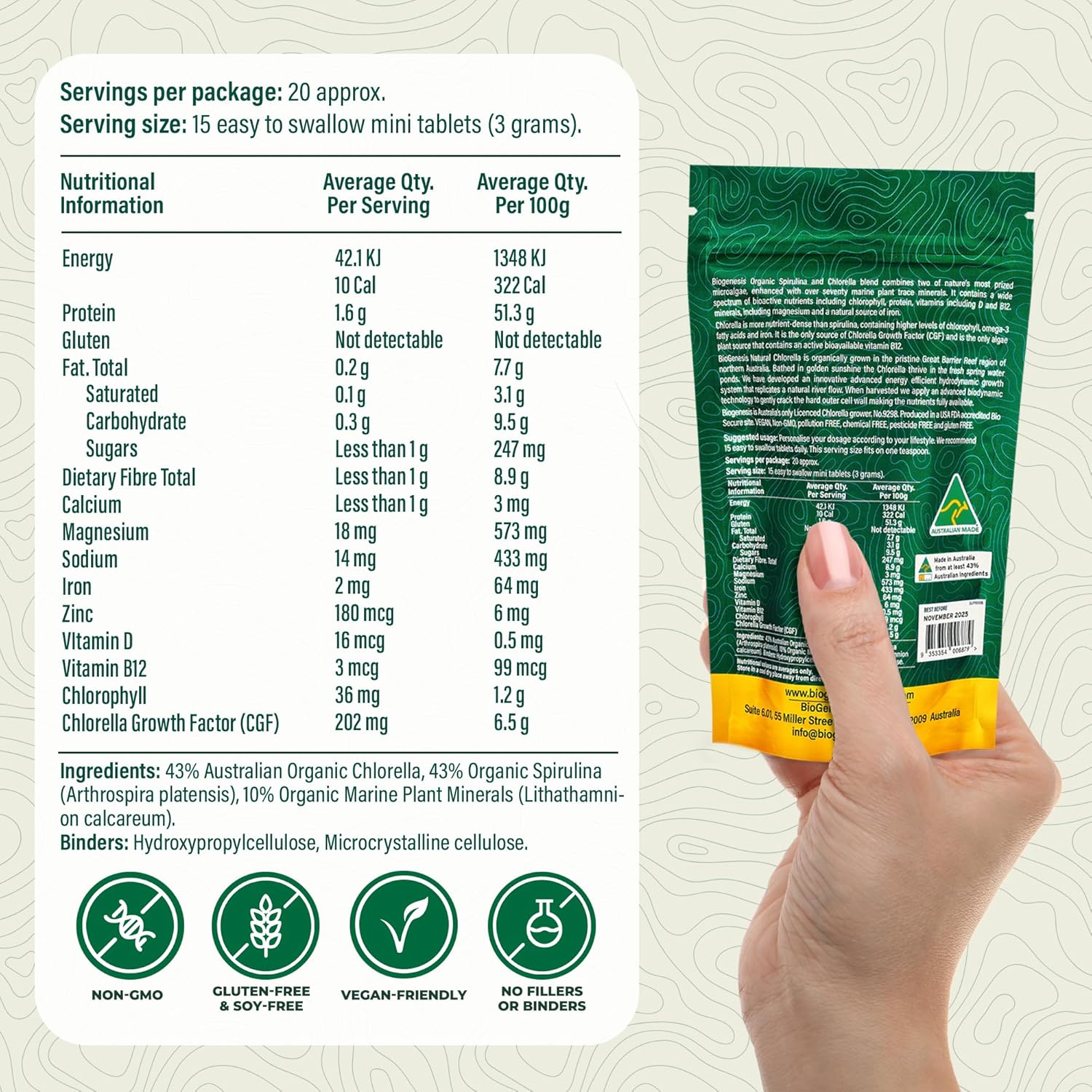 Australian Biogenesis Organic Spirulina & Chlorella Tablets with Marine Plant Minerals - BioDynamic, Chlorophyll-Rich, Vegan (300 Tablets)