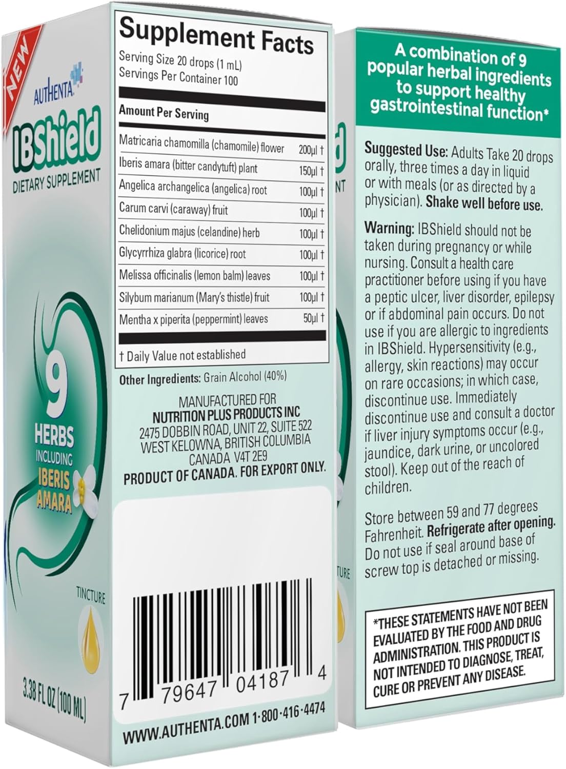 AUTHENTA IBShield Tincture 100ml | 9-Herb Formula for Gastrointestinal Health | Iberis Amara, Peppermint, Chamomile, Lemon Balm, Caraway, Licorice, Angelica, Celandine, Mary’s Thistle