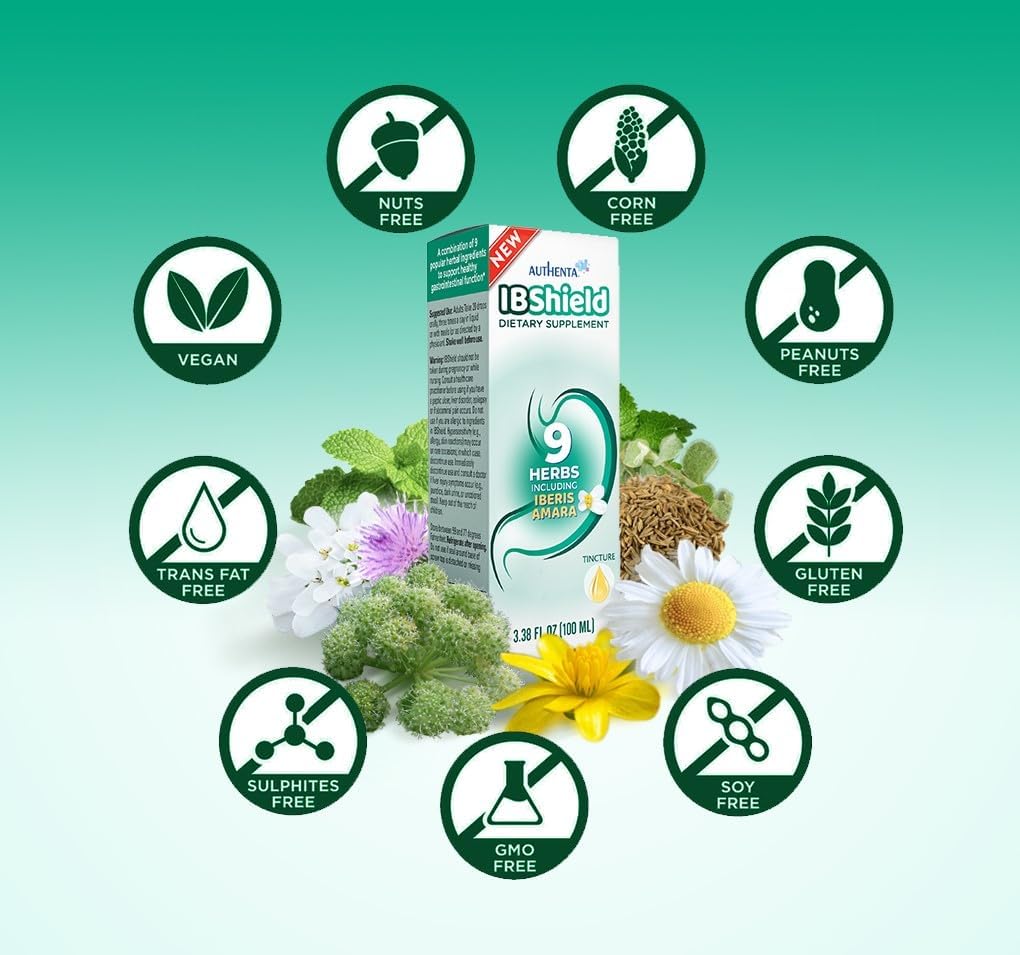 AUTHENTA IBShield Tincture 100ml | 9-Herb Formula for Gastrointestinal Health | Iberis Amara, Peppermint, Chamomile, Lemon Balm, Caraway, Licorice, Angelica, Celandine, Mary’s Thistle