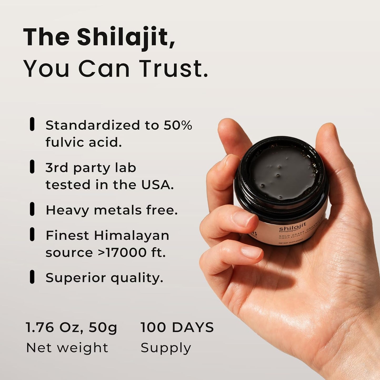 Authentic Himalayan Shilajit Resin 50g for Men & Women - Pure, Natural, Lab Tested - 100 Servings, 500mg - Fulvic Acid Supplement - Gold Grade Organic