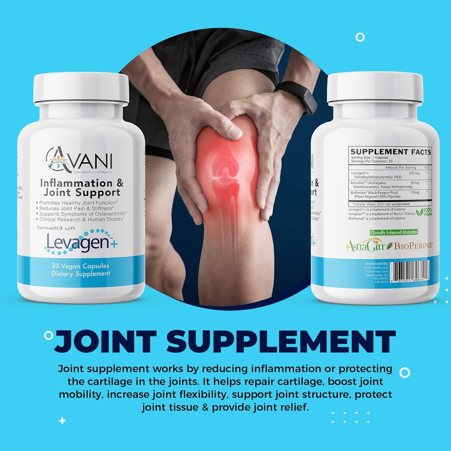 Avani Health Levagen Inflammation Supplement - Joint Support for Pain Relief - Enhanced Absorption with Bioperine and AstraGin - Gluten Free - 30 Vegan Capsules