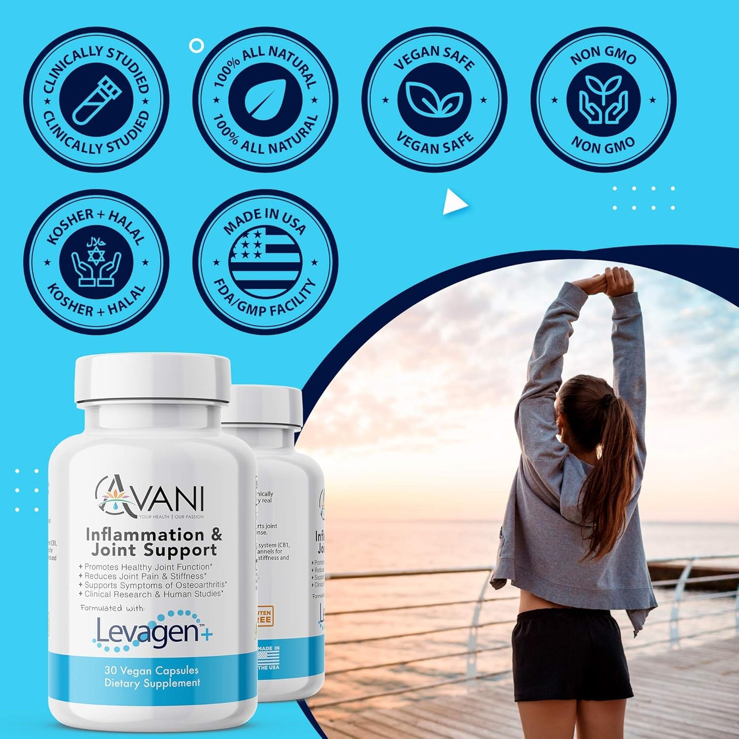 Avani Health Levagen Inflammation Supplement - Joint Support for Pain Relief - Enhanced Absorption with Bioperine and AstraGin - Gluten Free - 30 Vegan Capsules