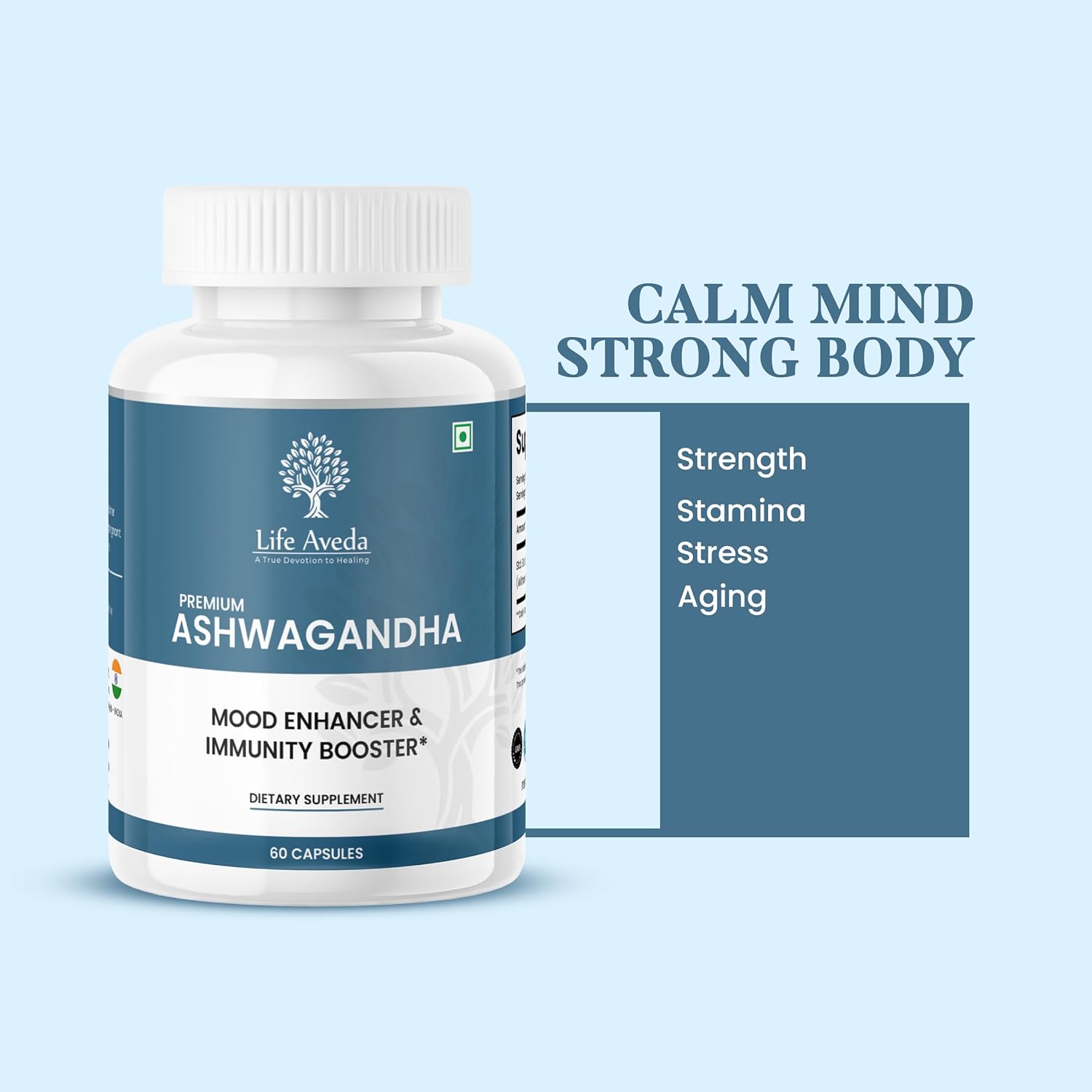 Aveda Ashwagandha Capsules - 500mg, 60 Count - Natural Herbal Supplement for Adults - 1-Month Supply