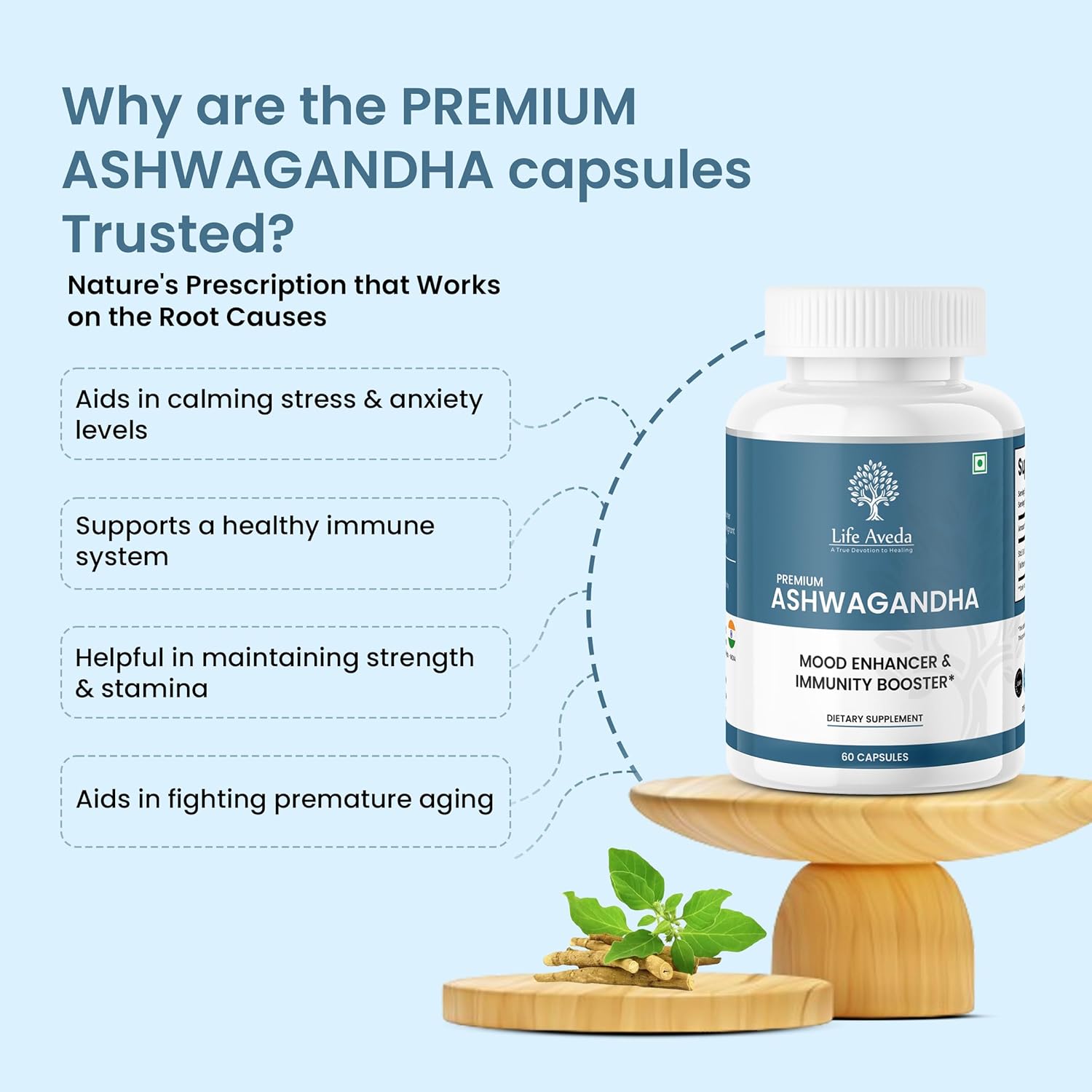 Aveda Ashwagandha Capsules - 500mg, 60 Count - Natural Herbal Supplement for Adults - 1-Month Supply