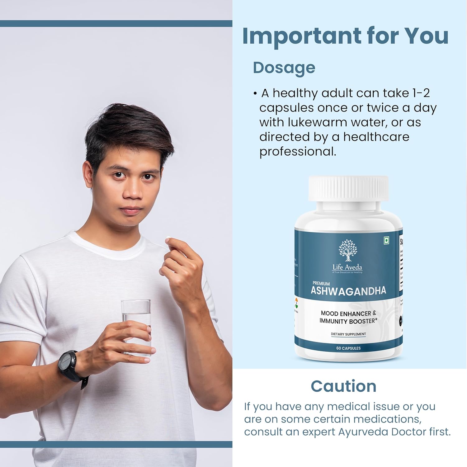 Aveda Ashwagandha Capsules - 500mg, 60 Count - Natural Herbal Supplement for Adults - 1-Month Supply