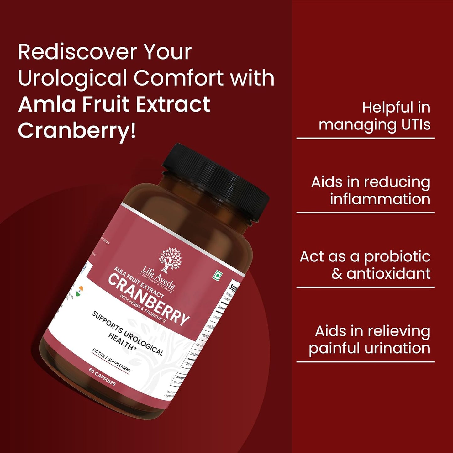 Aveda Cranberry & Amla Fruit Extract Supplement with Probiotics for Bladder & Kidney Health | Antioxidant & Detox Support | 60 Capsules