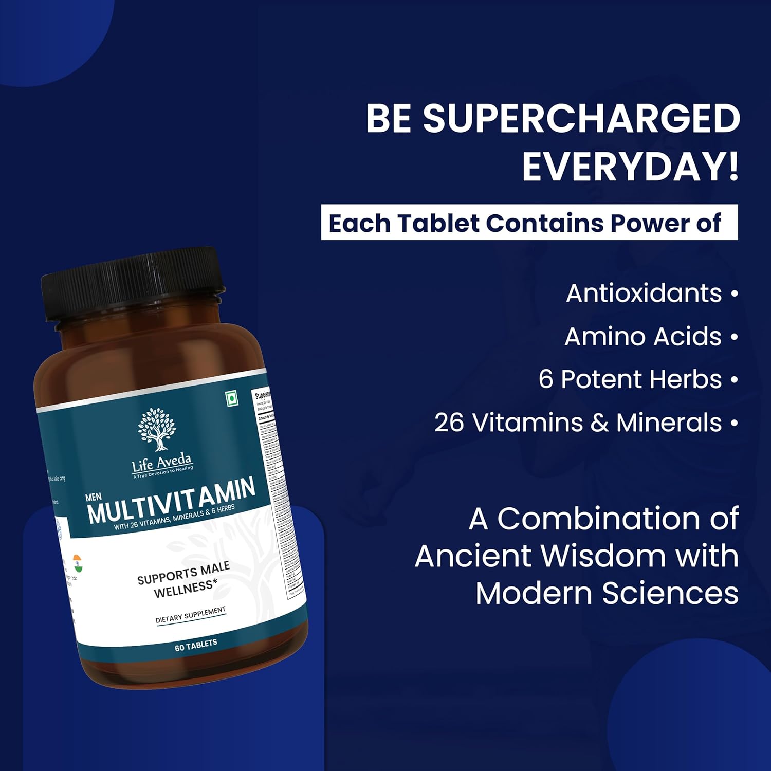 Aveda Men's Daily Multivitamin Supplement - 60 Capsules with Vitamin A, B12, C, D, Calcium - Health Support for Men