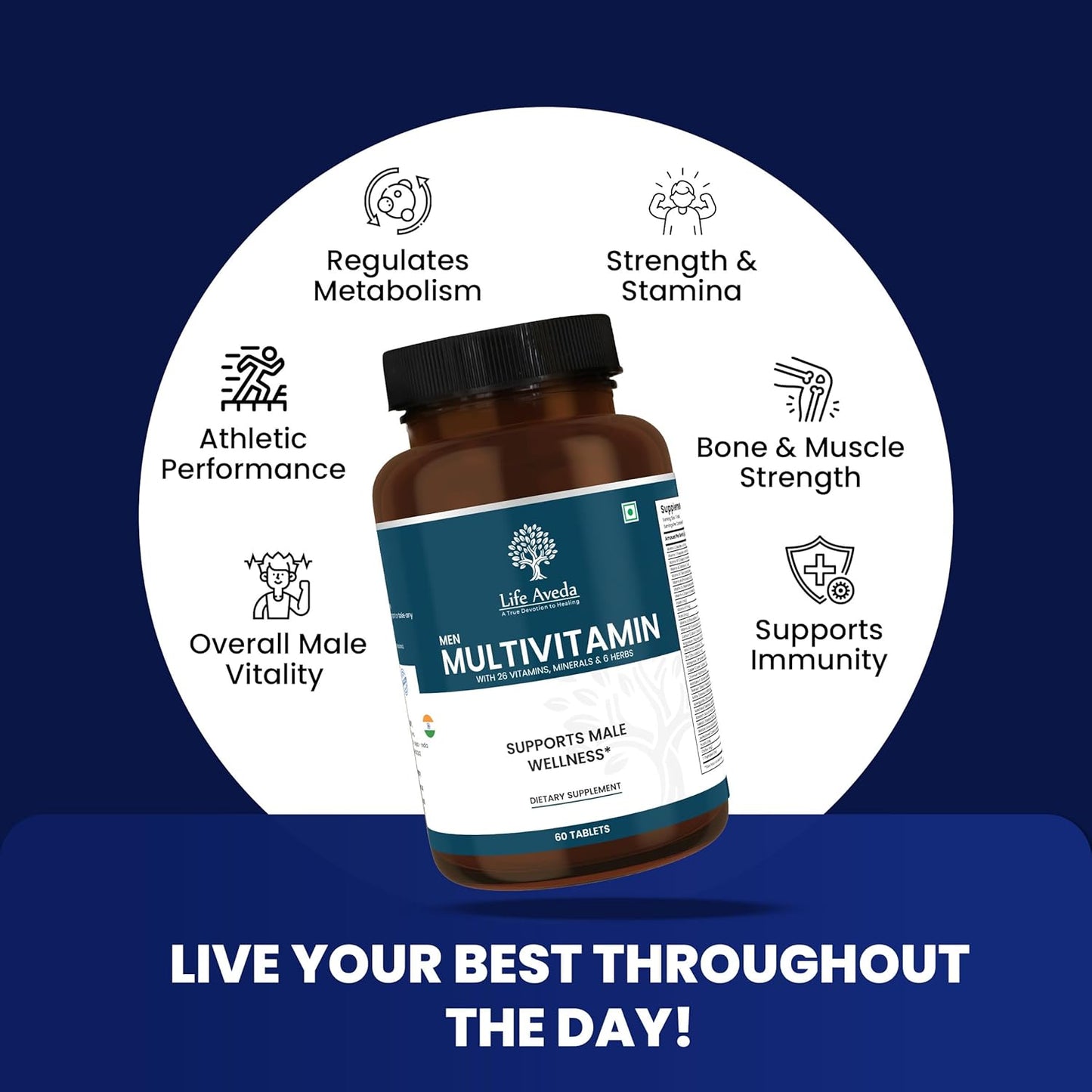 Aveda Men's Daily Multivitamin Supplement - 60 Capsules with Vitamin A, B12, C, D, Calcium - Health Support for Men