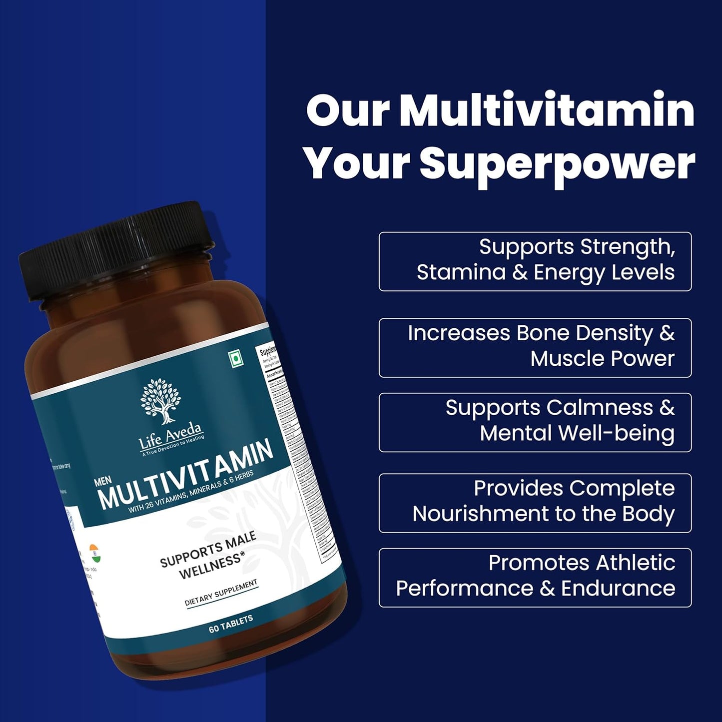 Aveda Men's Daily Multivitamin Supplement - 60 Capsules with Vitamin A, B12, C, D, Calcium - Health Support for Men